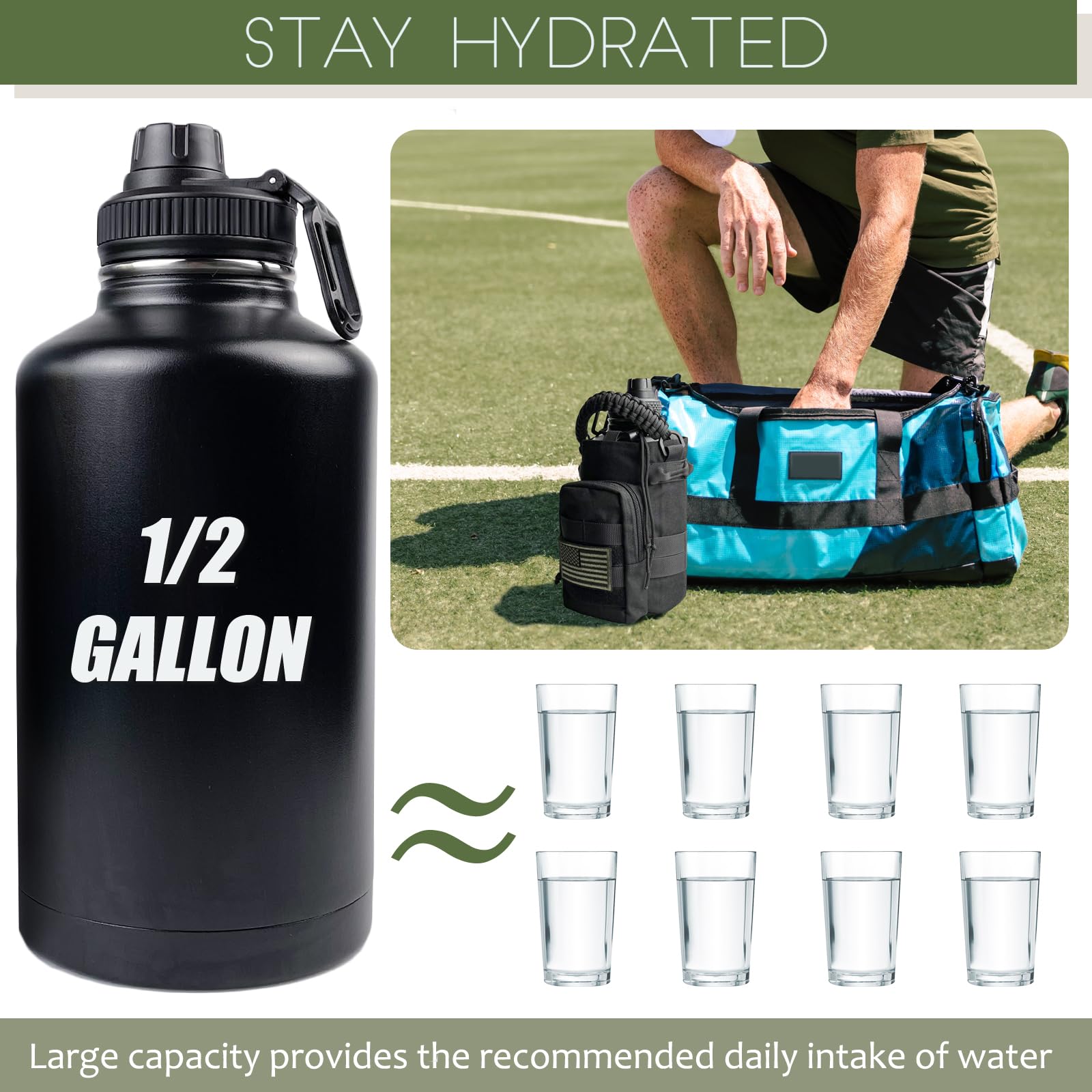 64 Oz Water Bottle With Sleeve - Half Gallon Big Insulated Water Jug With Strap Stainless Steel