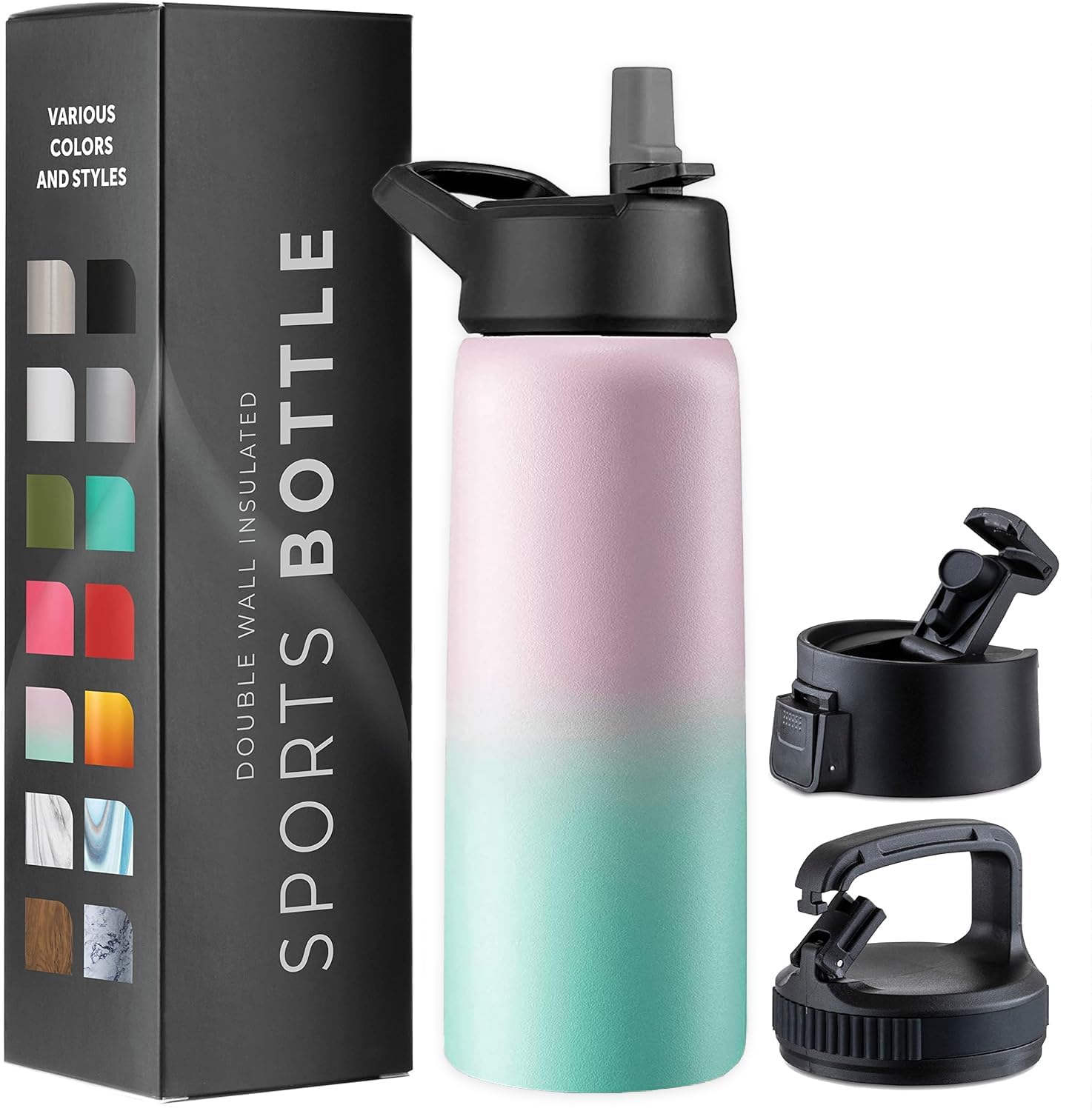 25 Oz Triple Walled, Insulated Water Bottles With Straw - Stainless Steel Metal Bottle W/ 3 Leak