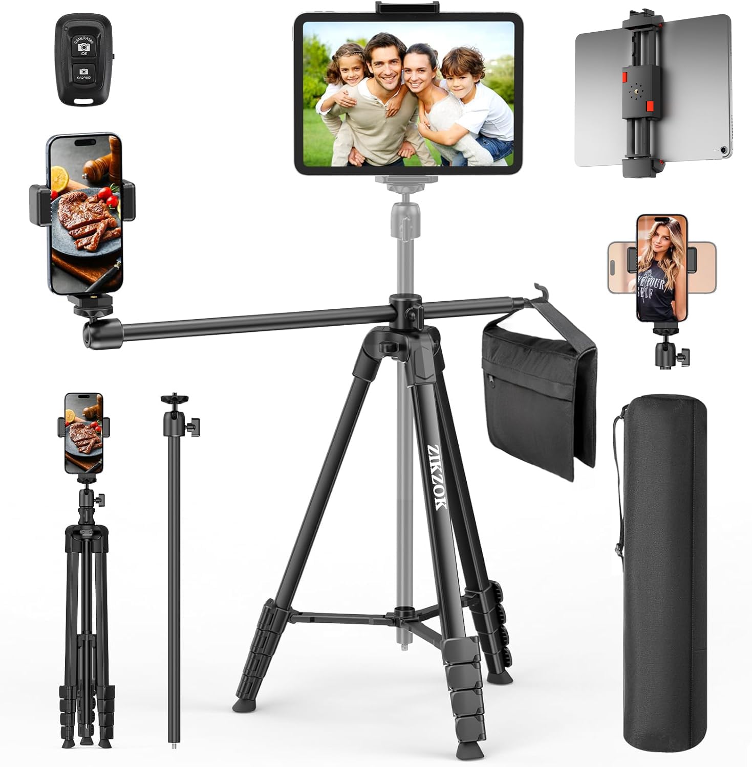 Zikzok 70" Phone Tripod & Selfie Stick, Horizontal Overhead Tripod, Extendable Camera Cell Phone Tripod Stand With Wireless Remote And Phone Holder For Filming Video Recording Live Stream