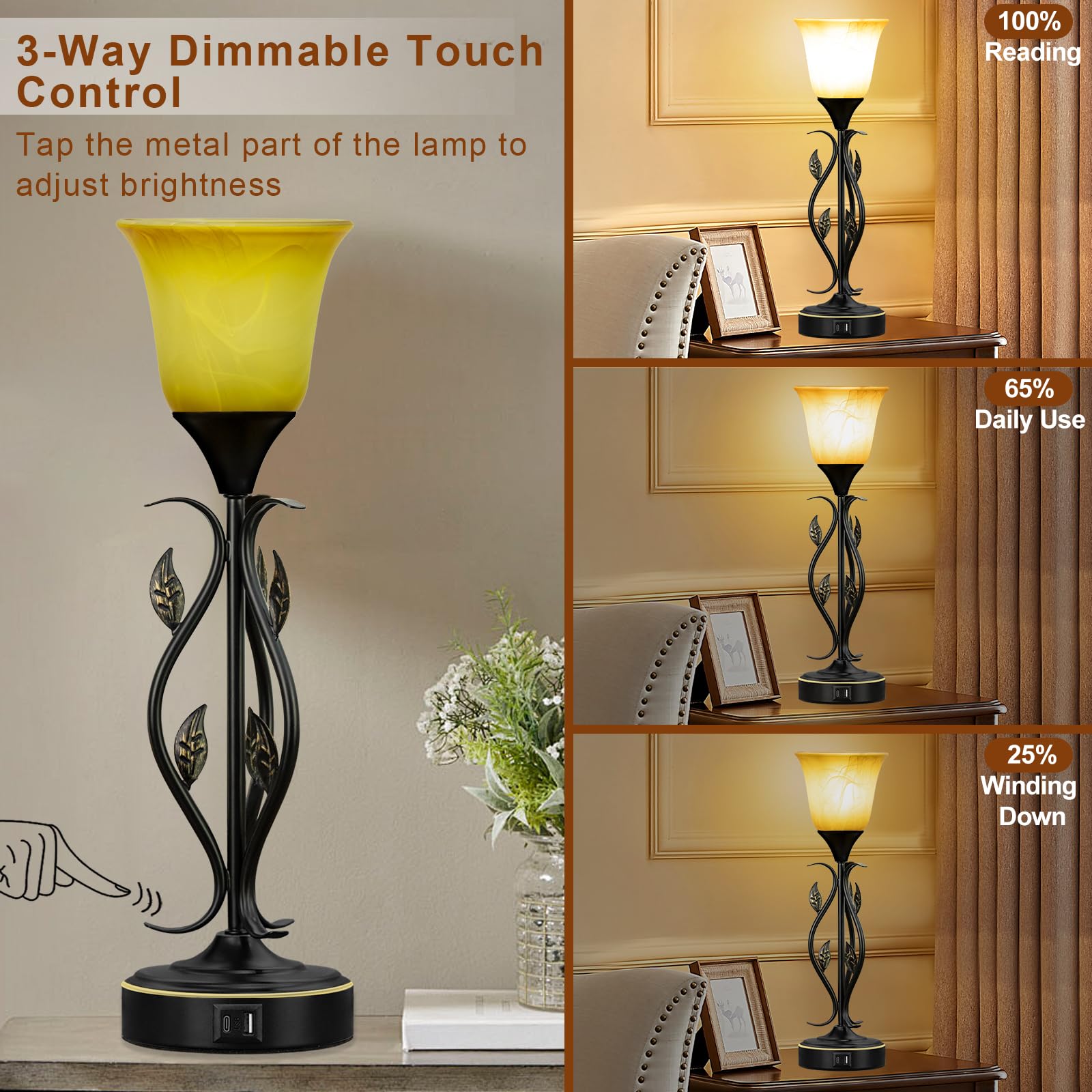 Basdien Amber Glow Touch Table Lamps Set Of 2 – 20” Dimmable Bedside Lamps With Usb A And C Ports, Elegant Vine And Leaf Design, Ideal For Bedroom, Living Room, Nightstand, And Reading