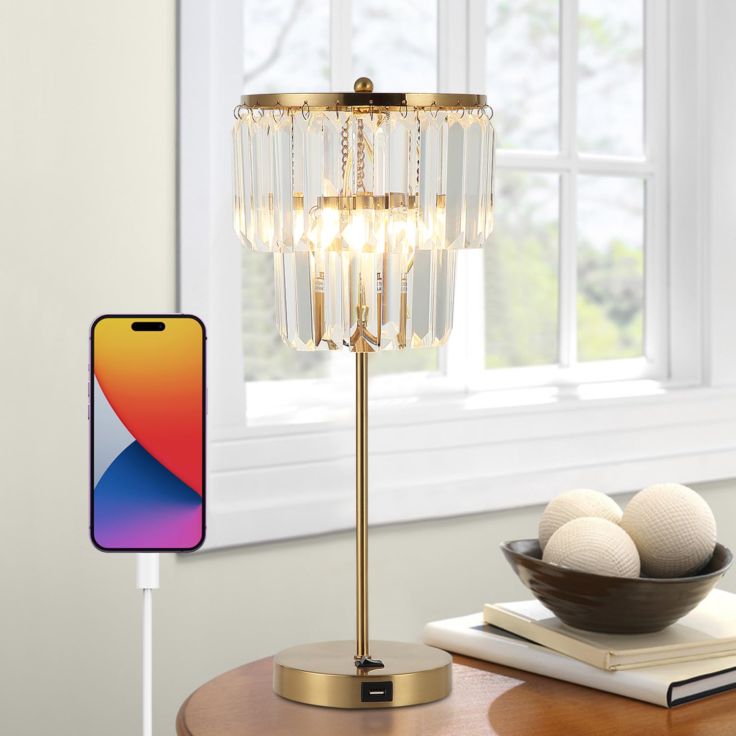 Doraloko Bedside Lamp For Bedroom, Gold Crystal Table Lamp 18 Inches, Tiffany Clear Crystal Drops, Usb Charging Port, E12 Socket, 6W Led Bulb Included, Golden Decorative Desk Light(1 Pack, Brass Finish)
