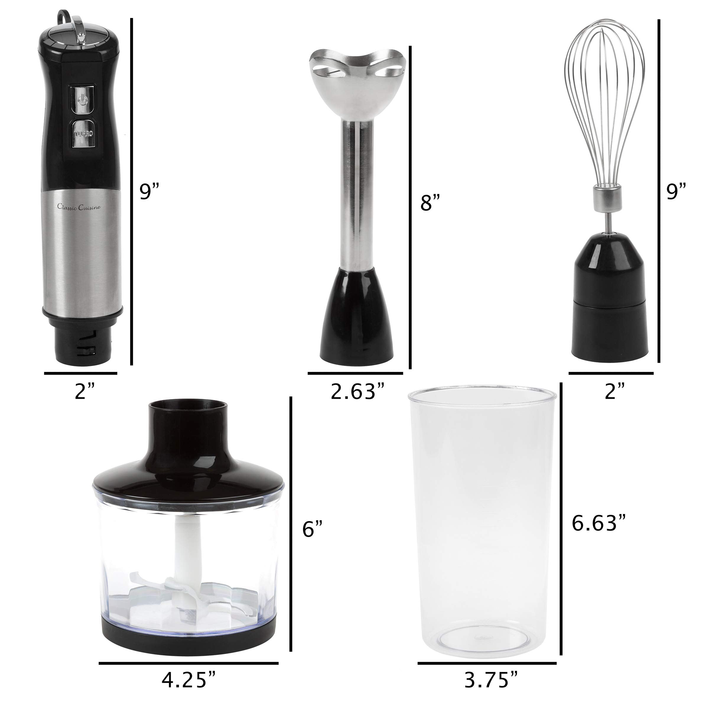 Classic Cuisine Immersion Blender-4-In-1 6 Speed Hand Mixer Set Whisk, Food Processor Cup, 32Oz. Beaker, For Soup, Milkshakes, Salsa, Black