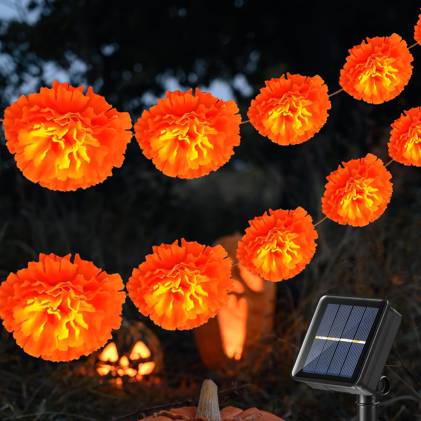 X-Giftkey Solar Marigold String Lights For Halloween Garland Decorations Outdoor,19Ft 30Led Marigold Flowers Halloween Lights,Solar Halloween String Lights For Porch Window Yard Garland Decor