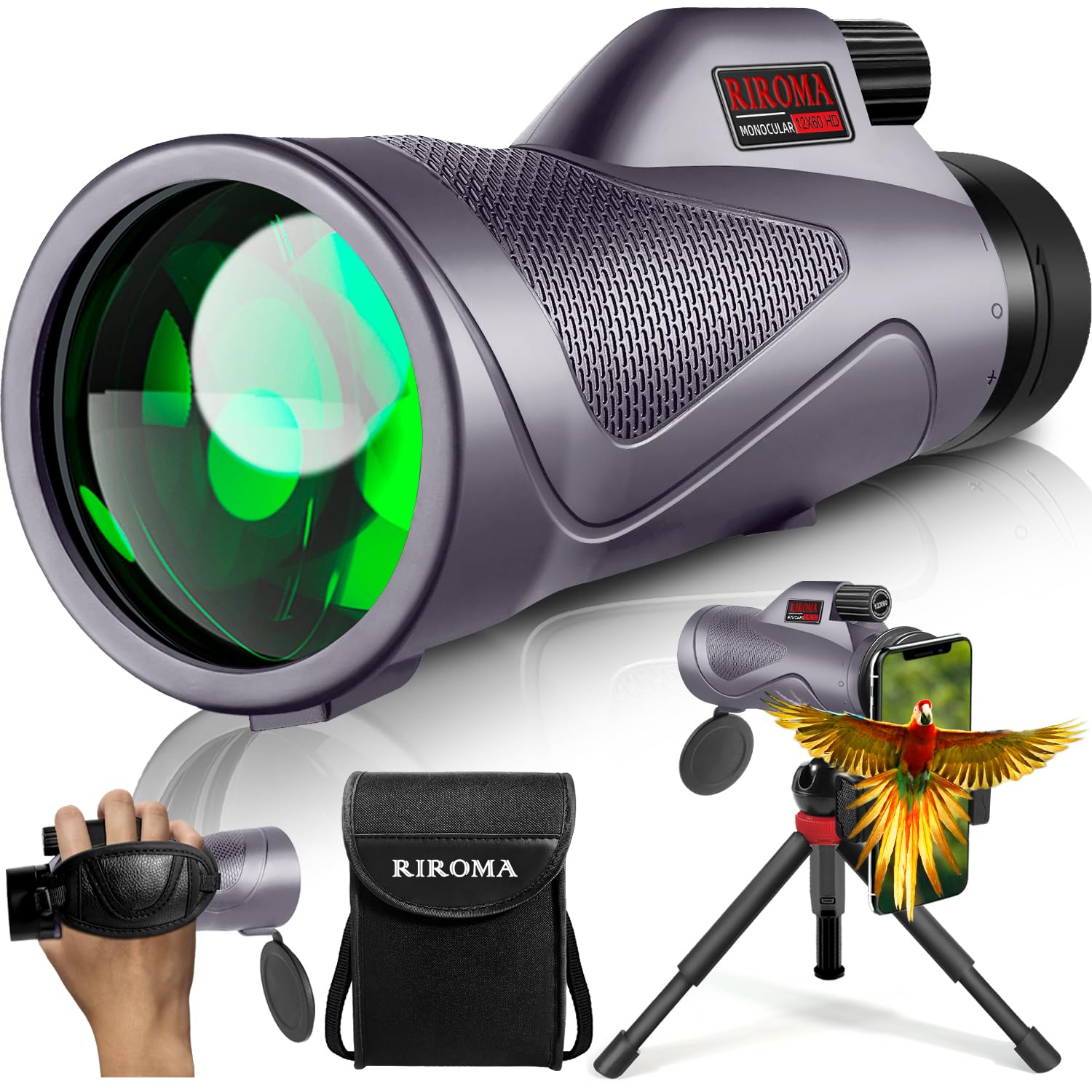 Riroma 12X60 Monocular Telescope High Powered With Smartphone Adapter Tripod Plus Portable Bag, Larger Vision Monoculars For Adults With Bak4 Prism & Fmc Lens, Suitable For Bird Watching Hiking Acmeopts