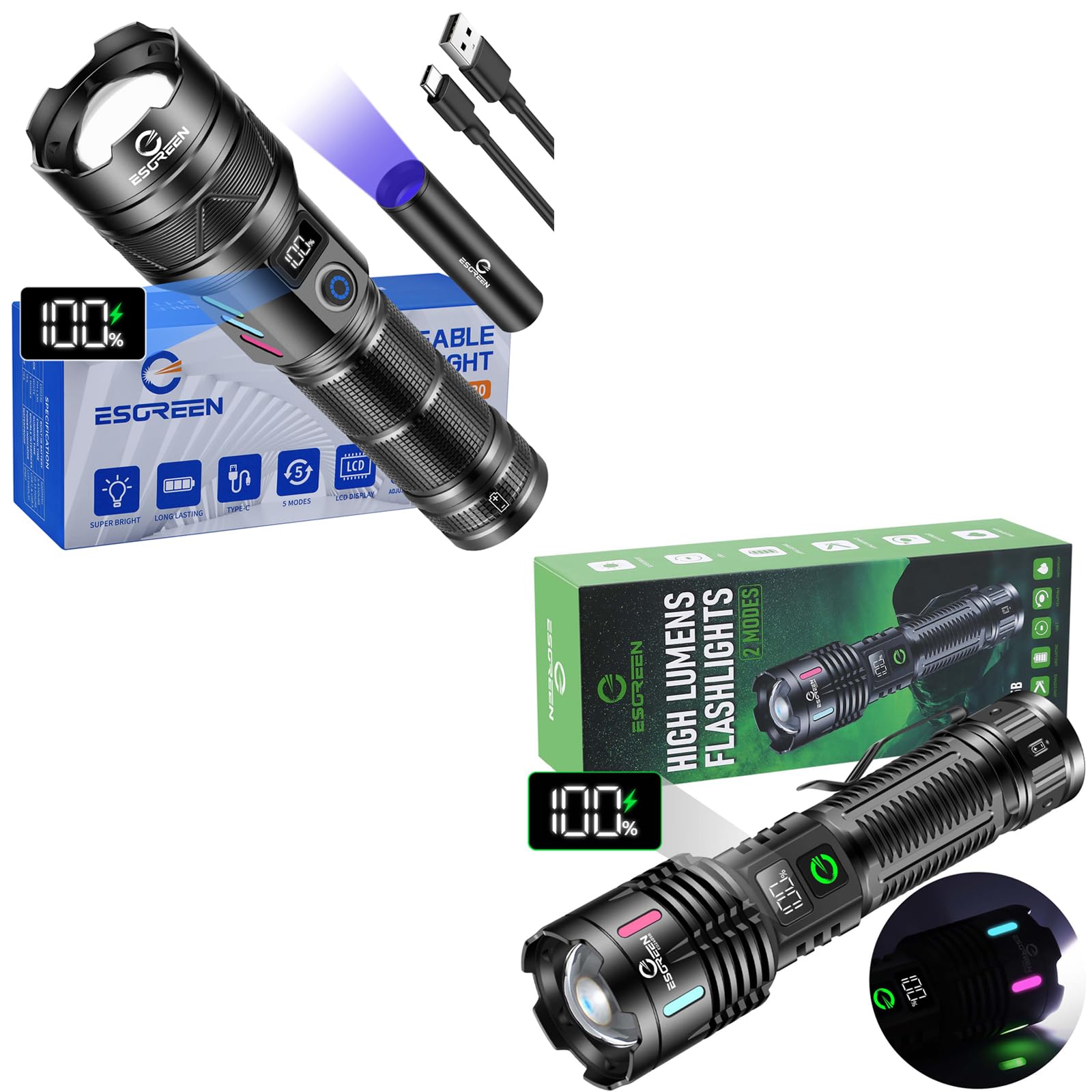 Esgreen 2 Pack Rechargeable Flashlights 1000000 High Lumens, Long Range Super Bright Led Flashlight Usb C, High Powerd Heavy Duty Strong Flash Light High Beam, For Emergency Security Camping