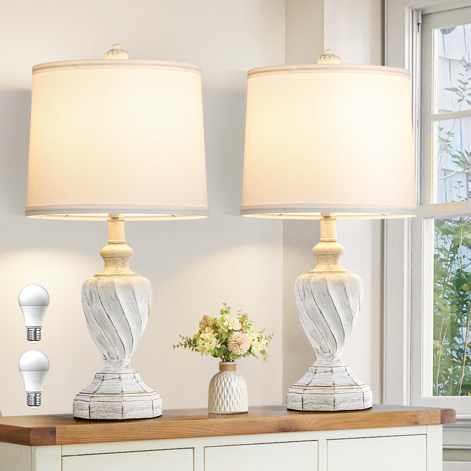 Spclsim 22.4" Farmhouse Table Lamps For Bedrooms Set Of 2, Rustic Resin End Table Lamps For Living Room Gold Trim Base, Bedside Nightstand Lamps, Bulbs Included