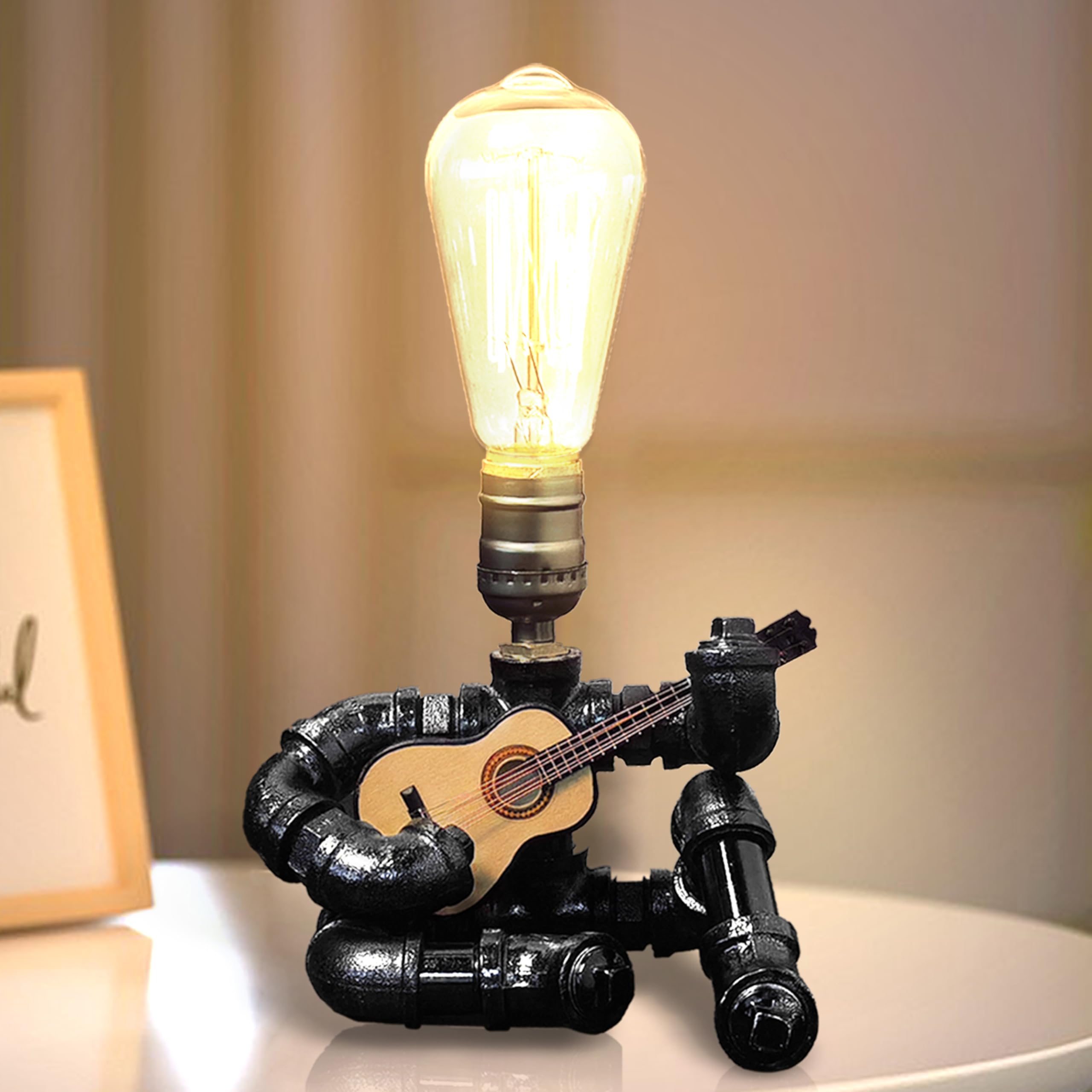 Chxtx Music Guitar Table Lamp - Cool For Men & Music Lovers - Edison Bulb Steampunk Pipe Lamps - Microphone Players Art Decor (Wood)