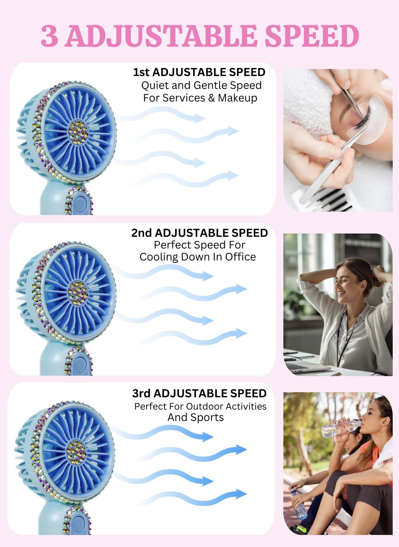 Bling rhinestone handheld fan with 3 speeds, USB rechargeable, perfect for cooling with a fashionable touch