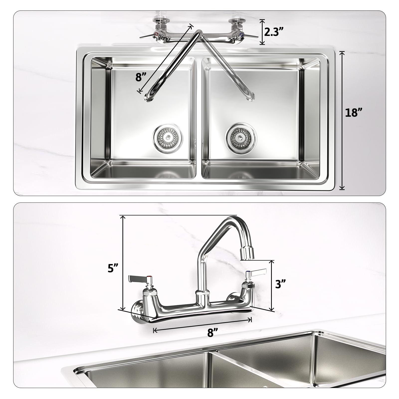 Cwm Wall Mount Kitchen Faucet 8" Center Commercial Faucets With 8 Inch Swivel Spout