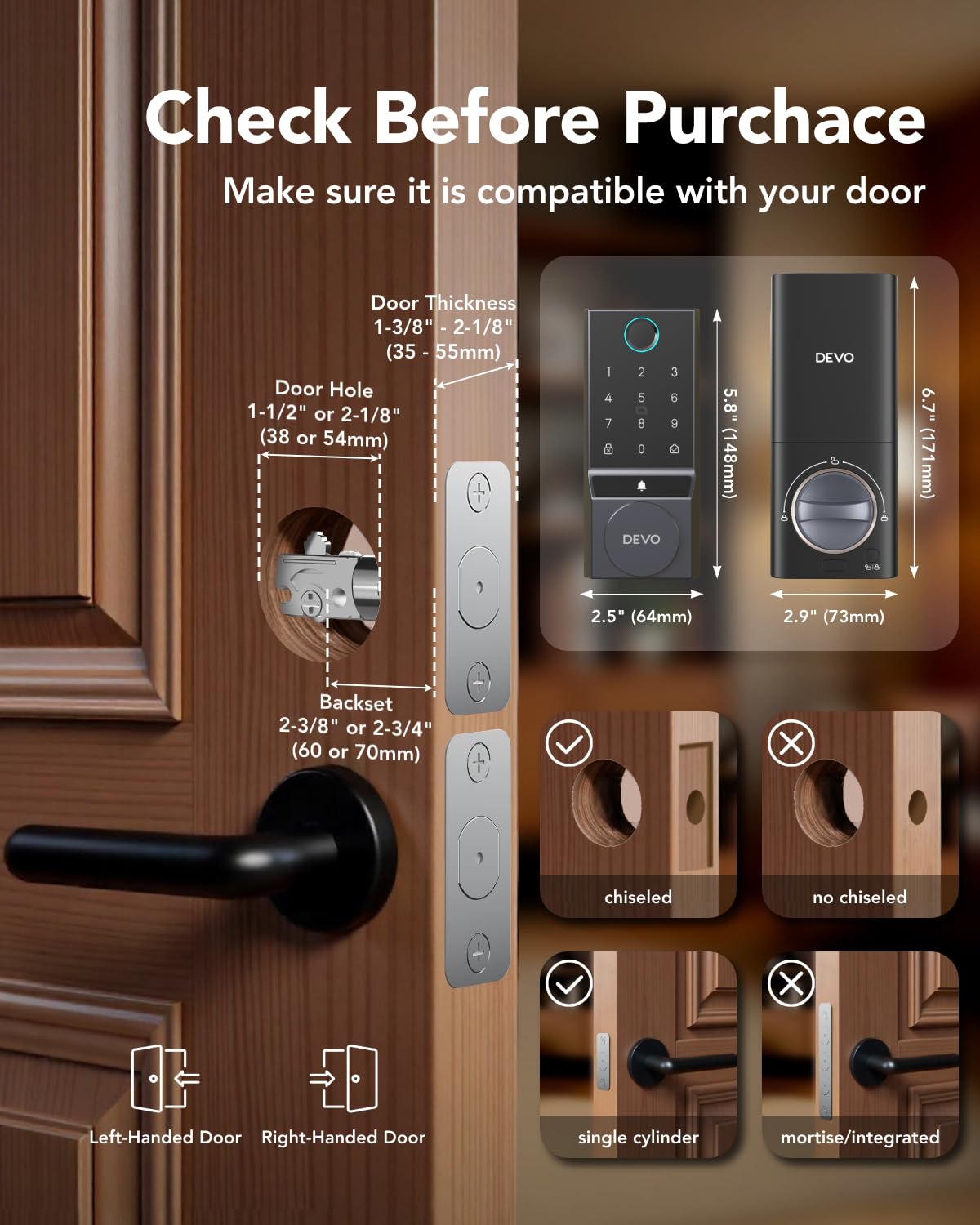 Devo G3 Door Lock For Front Door, 6 In 1 Fingerprint Keyless Entry Door Lock, Built-In Wi-Fi Smart Lock Deadbolt With App Remote Control, Easy Install No Hub, Ip54 Waterproof, Auto-Lock