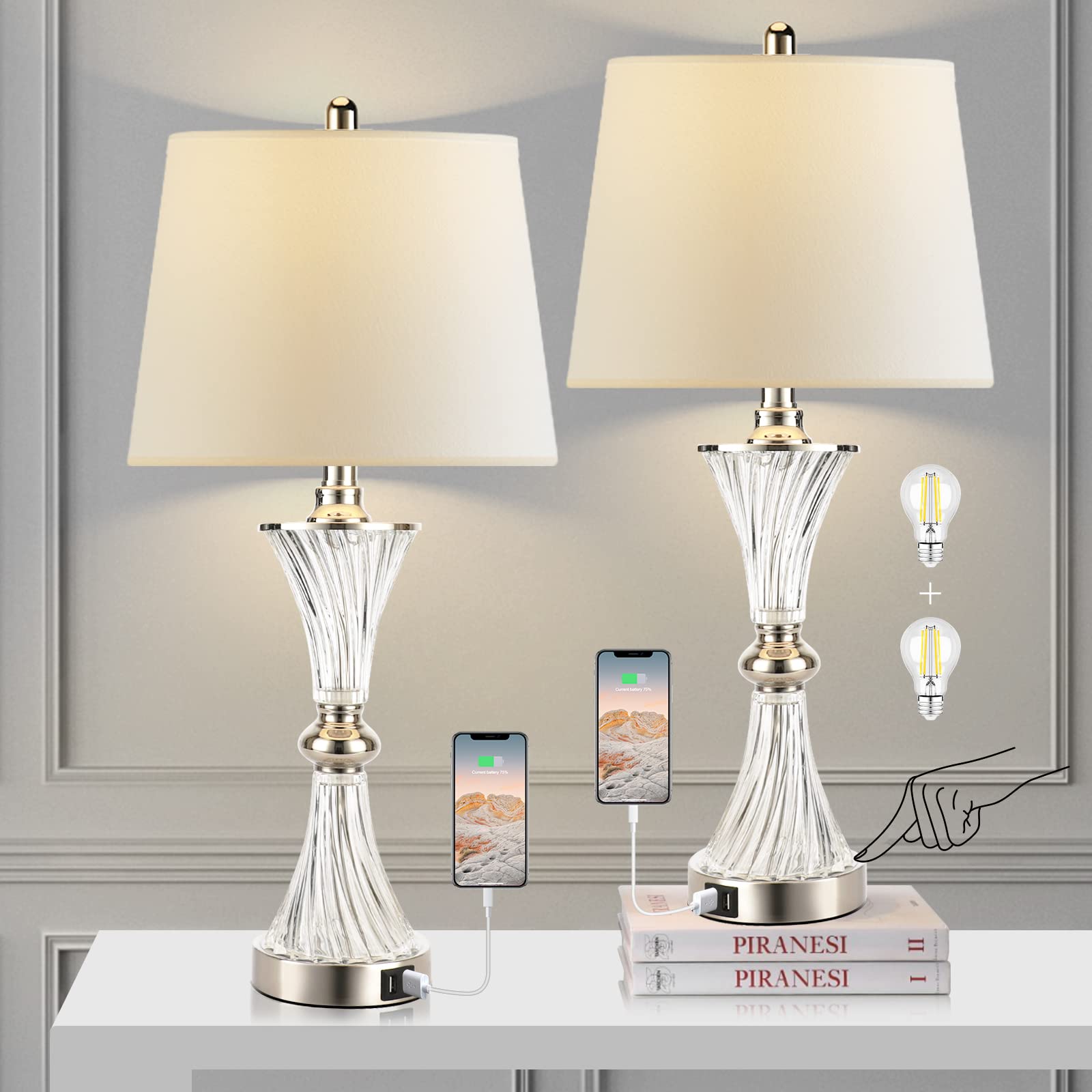 Hamucd Touch Control Table Lamp For Bedrooms 3 Way Dimmable White Drum Shade Modern Bedsides Nightstand Lamp Set Of 2 With 2 Usb Charging Port(Bulbs Included)