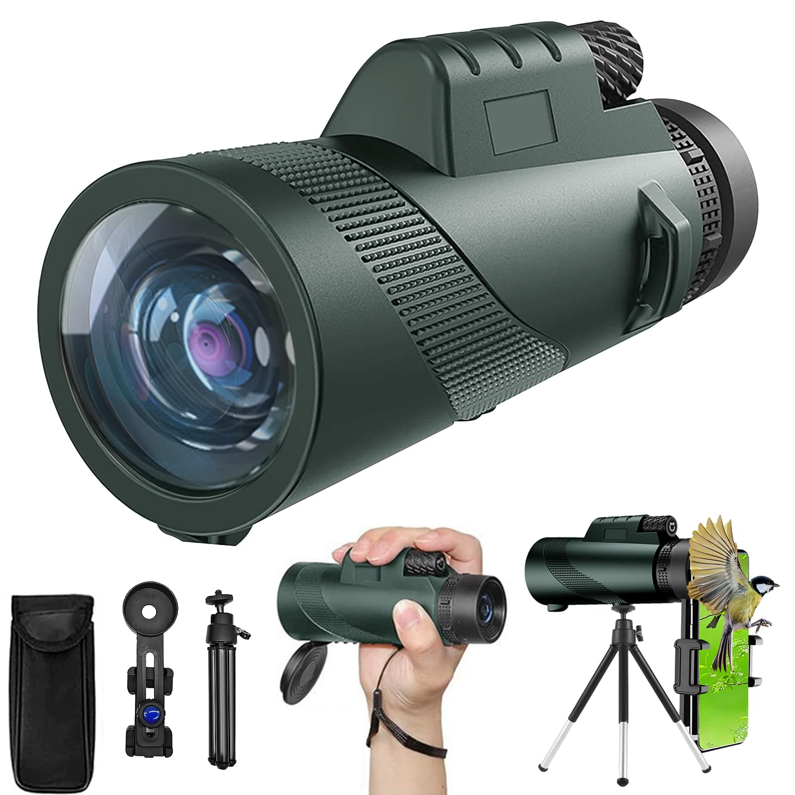 Budatao 10X42 Hd Monocular Telescope For Adults, High Powered Compact Bak-4 Prism & Fmc Lens, With Smartphone Holder & Tripod, Stargazing Hunting Bird Watching, Camping Hiking Travel Accessories (Green)