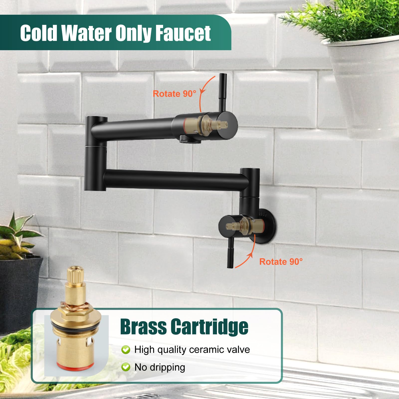 Heyalan Pot Filler 19 Inch Wall Mount Folding Stretchable Kitchen Restaurant Faucet Stainless Steel Pot Filler Double Joint Swing Arm Two Handles Commercial Npt,Straight Handle,Matte Black