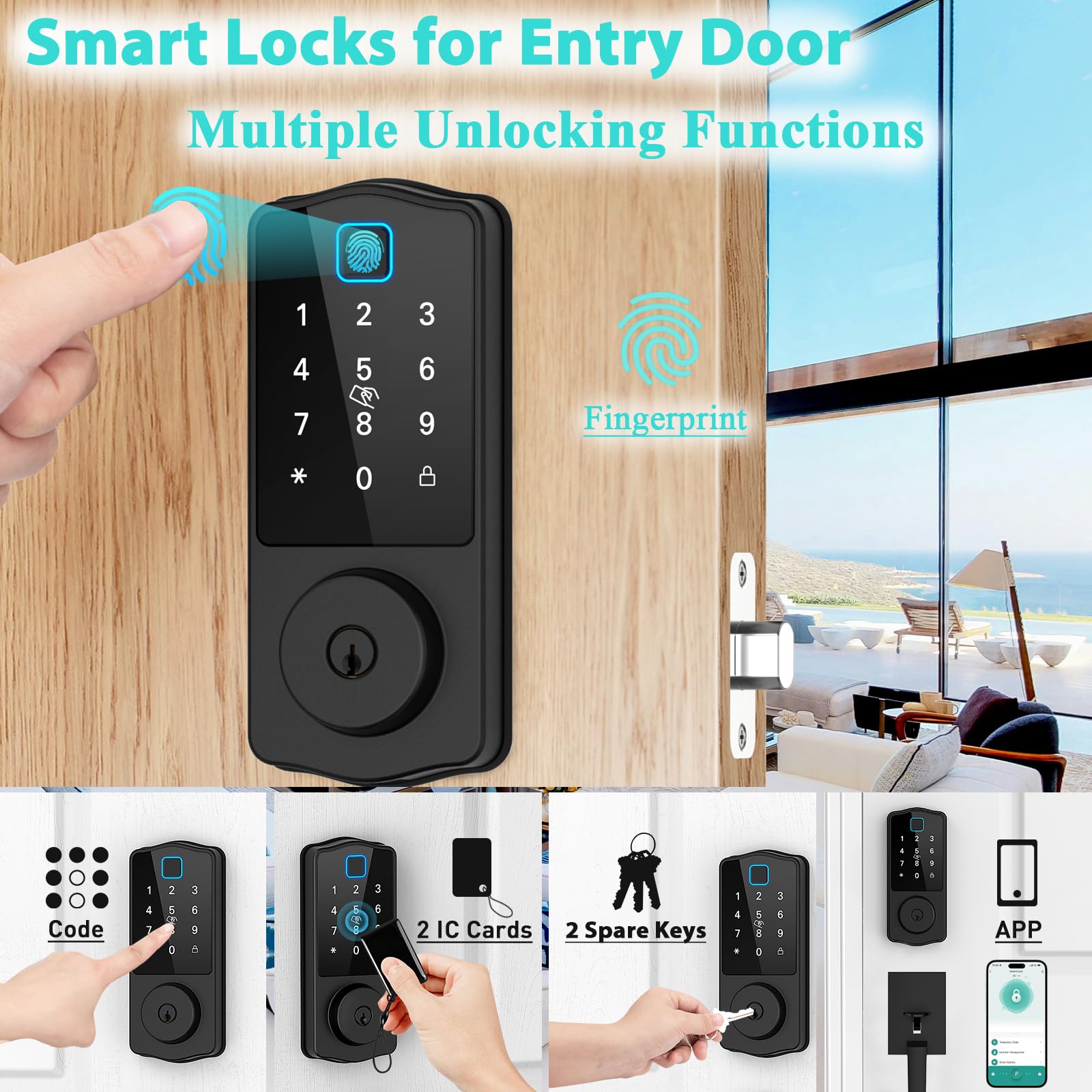 Cinop Wifi Front Door Lock, Keyless Entry Door Lock Deadbolt With Handle Set, Smart Locks For Front Door, Keypad Deadbolt Lock With Handle, Bluetooth Enabled With Alexa Voice Control, Black
