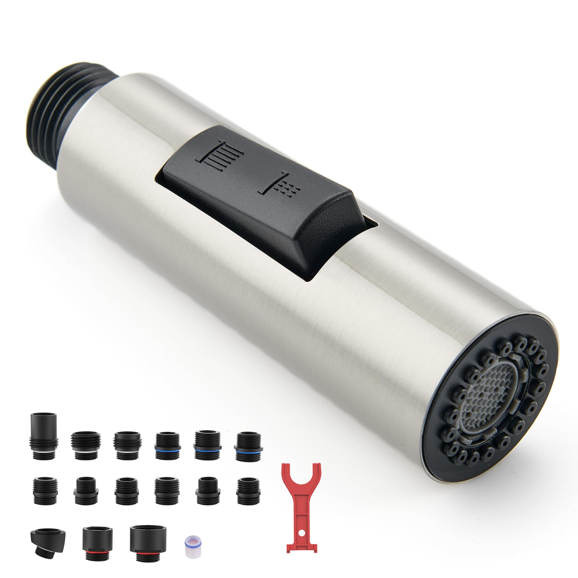 Heisok Metal Kitchen Faucet Head Replacement, 2-Mode Pull Down Kitchen Faucet Spray Head With 15 Adapters, High Pressure Sink Sprayer Nozzle Stainless Steel, Brushed Nickel
