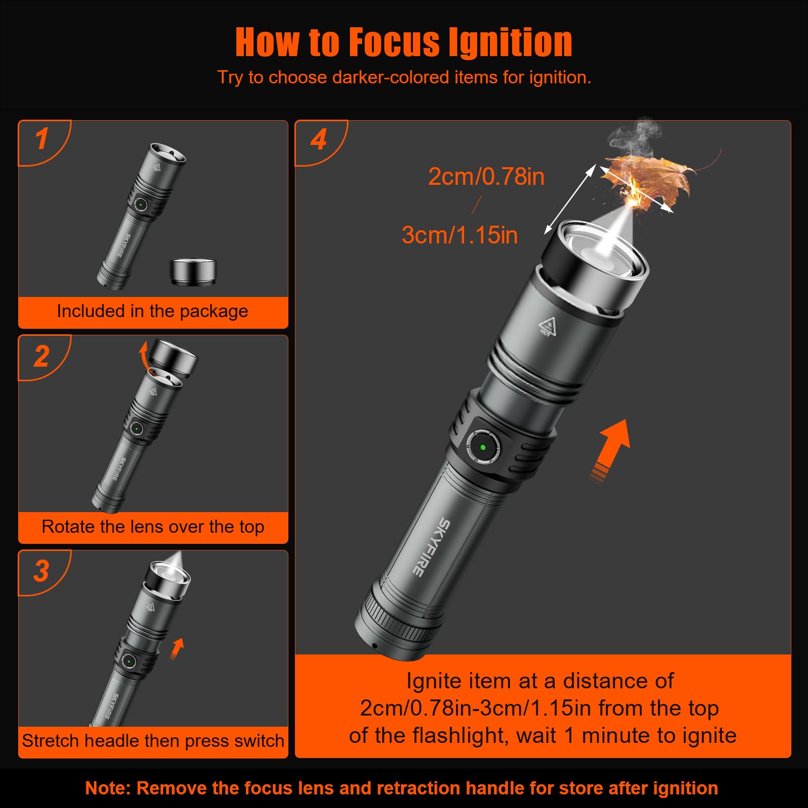 Skyfire Led Flashlights 1000000 High Lumens With Ignition Lens, Rechargeable Super Bright Zoomable Flash Light, 5 Modes Waterproof Handheld Powerful Utility Flashlight For Emergency Camping Hiking