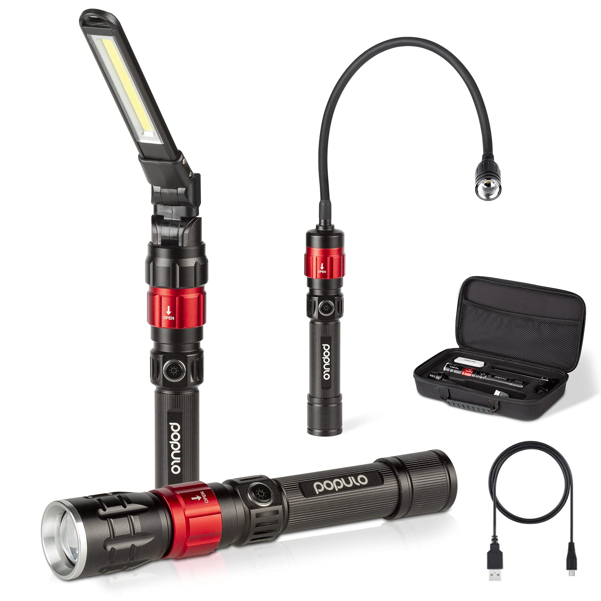 Populo 3 In 1 Led Work Lights With Magnetic Base, Led Flashlight With Flexible Gooseneck And Slim Bar Light, 400 Lumens Rechargeable Flashlights For Household, Camping And Car