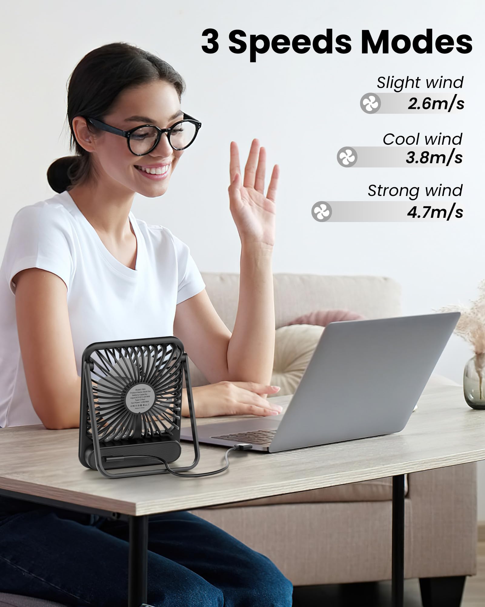 Koonie USB Desk Fan, Strong Wind Ultra Quiet Small Personal Fan with 180° Tilt Folding and 3 Speeds Adjustable - Koospark