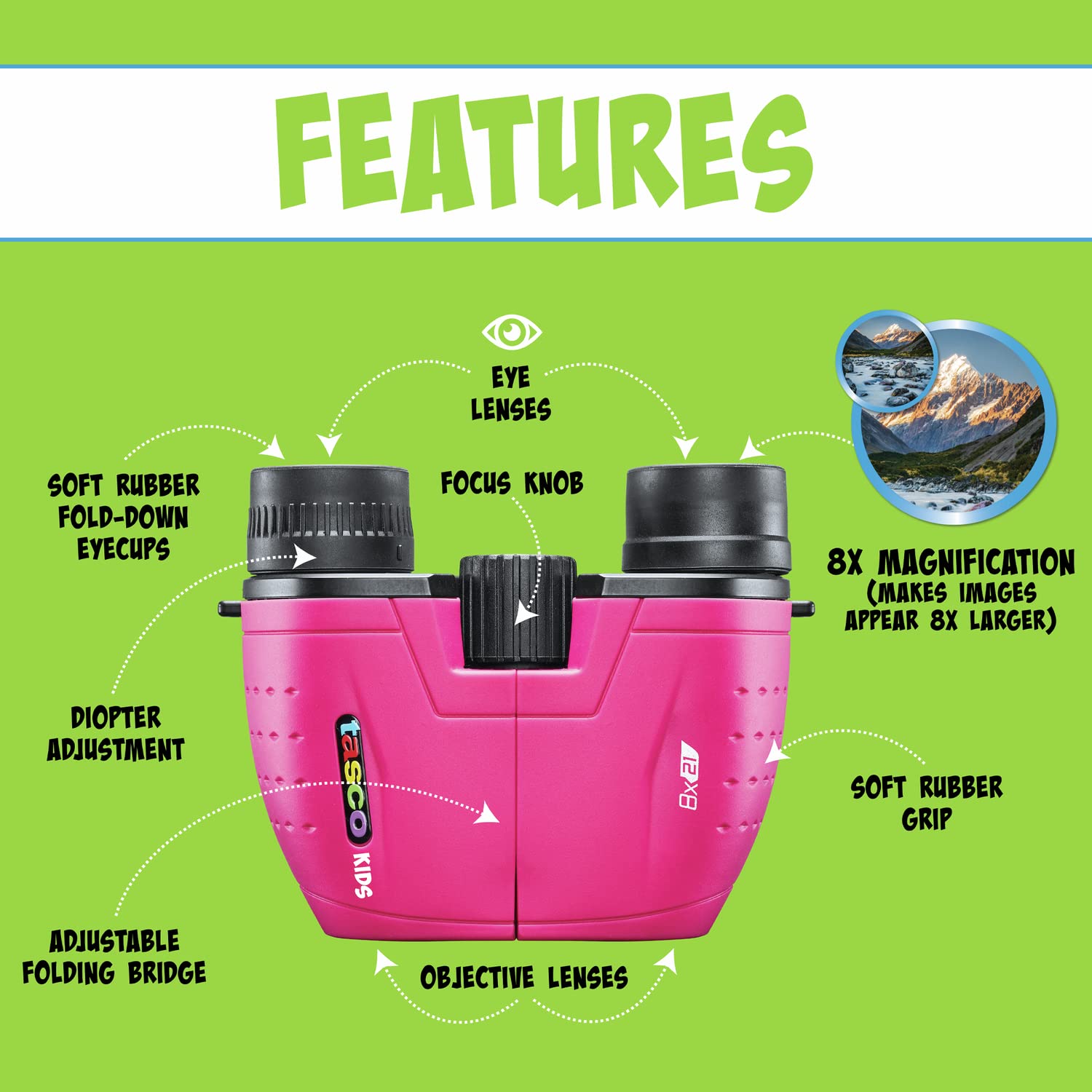 Tasco Kids Binoculars 8X21, Compact Binoculars For Kids Ages 3-12, Great For Adventures, Hiking, Camping, Travel, Bird Watching