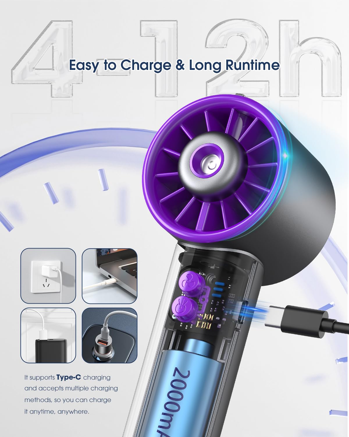 Ausic high-speed turbo handheld fan with mist, 3 speeds, providing cool air and mist for refreshing relief