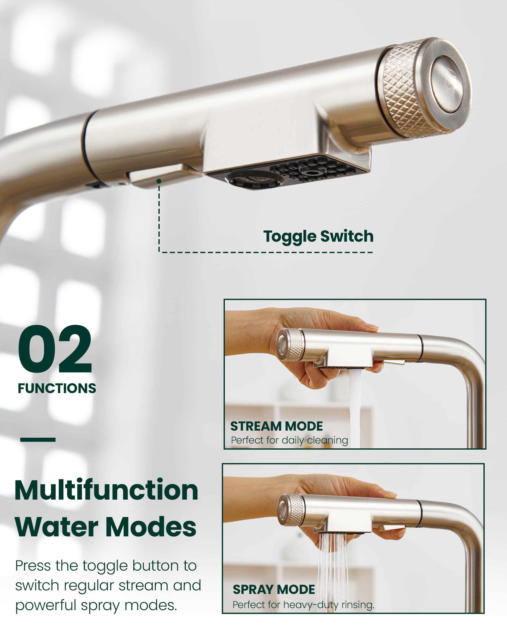 Heisok Kitchen Faucet With Pull Down Sprayer - 3 In 1 Kitchen Sink Faucet, Stainless Steel Filtered Water Faucet Single Lever Drinking Water Faucet For 1 Or 3 Hole, Brushed Nickel