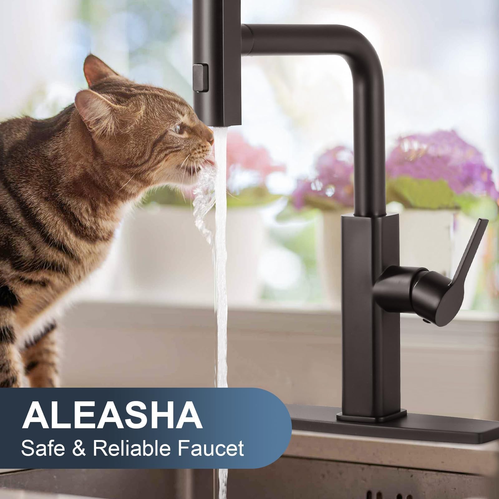 Aleasha Kitchen Faucet With Pull Down Sprayer: Waterfall Kitchen Faucet With Soap Dispenser, Matte Black Single Hole Sink Faucet For Rv/Bar, Single Handle Brass Pull Out Modern Kitchen Faucets