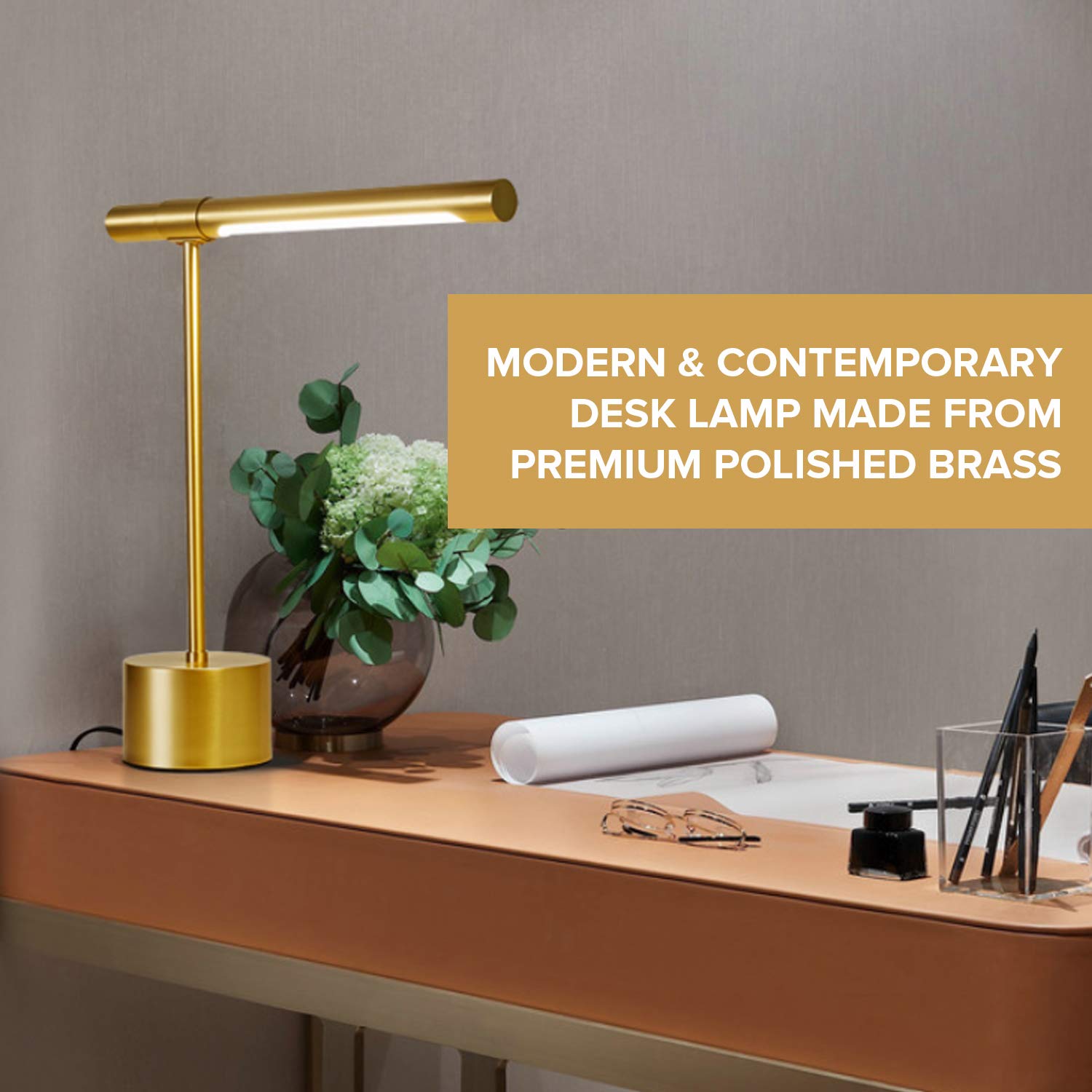 12Vmonster Bling All-Brass Mid Century Desk Lamp - Modern Gold Bankers Shade - 18-In Led Light - Adjustable Table Lamp For Study, Bedside Reading - Polished Brass
