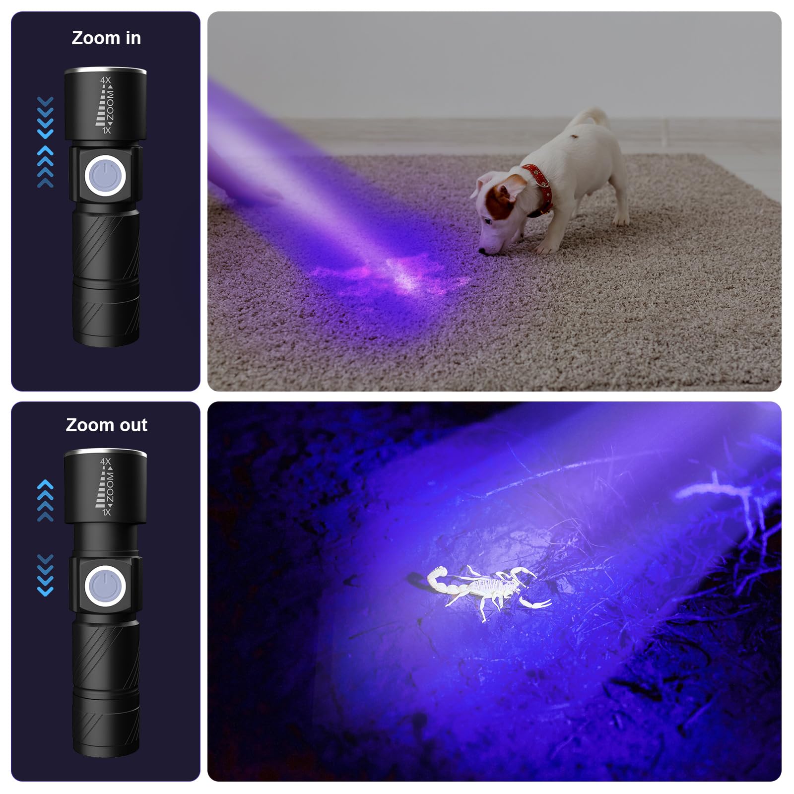 Cosoos Usb Rechargeable Black Light Flashlight, 395Nm Uv Flashlight With 3 Modes, Mini Handhled Pocket Zoomable Torch, Portable Detector For Dog Urine, Stains, Resin Curing, Scorpions