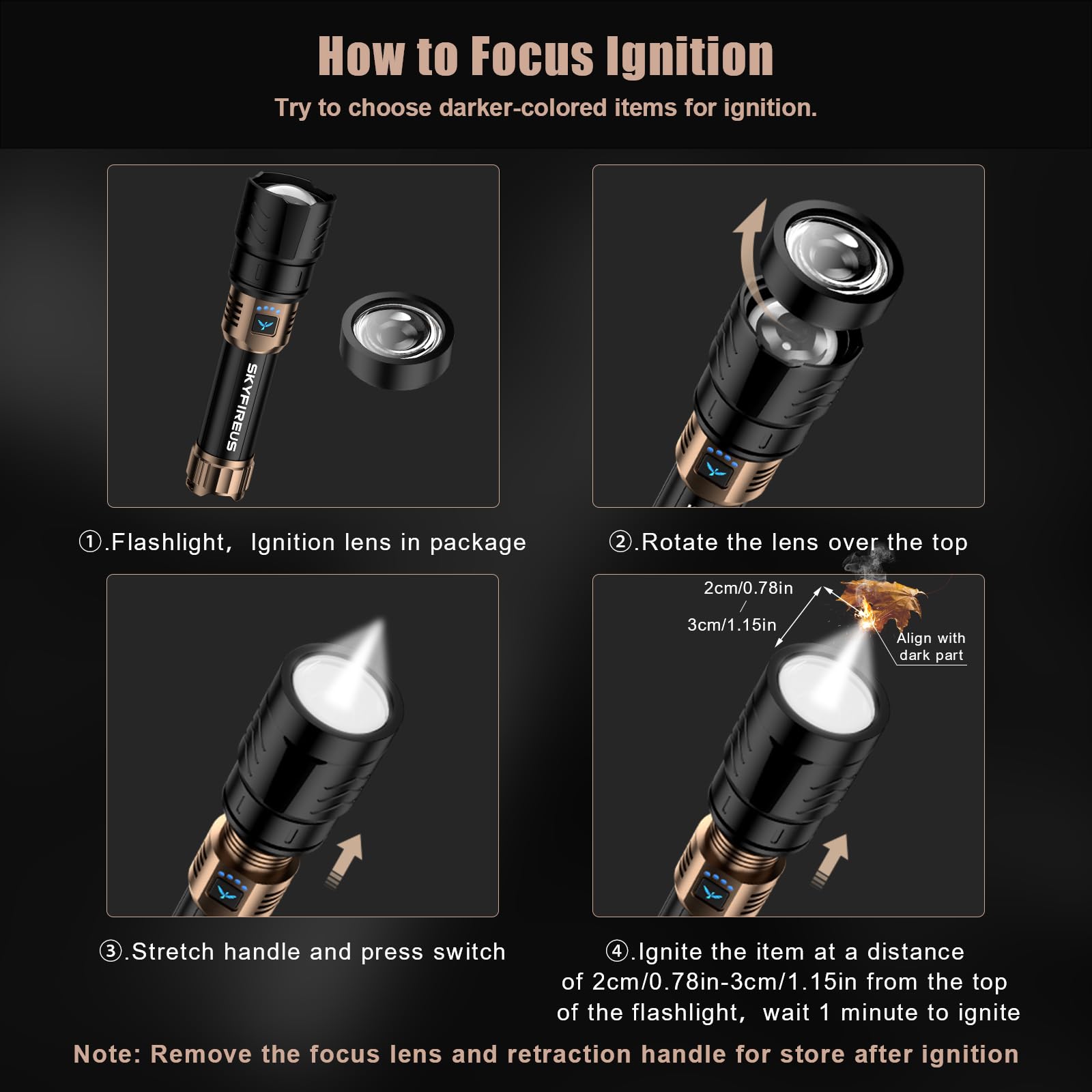 Skyfire Led Flashlights High Lumens With Ignition Lens,1500000Lm Super Bright Rechargeable Flashlight, Zoomable,Four Modes,Waterproof Tactical Flash Light For Camping Essentials,Outdoor And Home