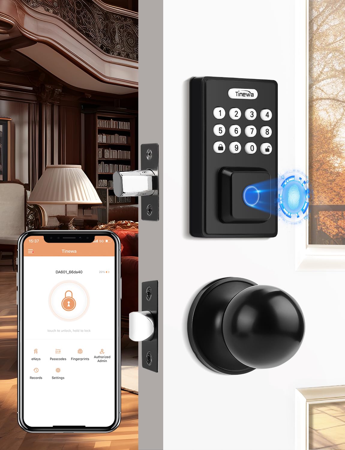 Tia Keyless Entry Door Lock With Door Knobs, Fingerprint Entry Door Handleset, Electronic Digital Keypad Deadbolt With App, Auto Lock & One Touch Locking, Front Smart Door Handle Sets, Black