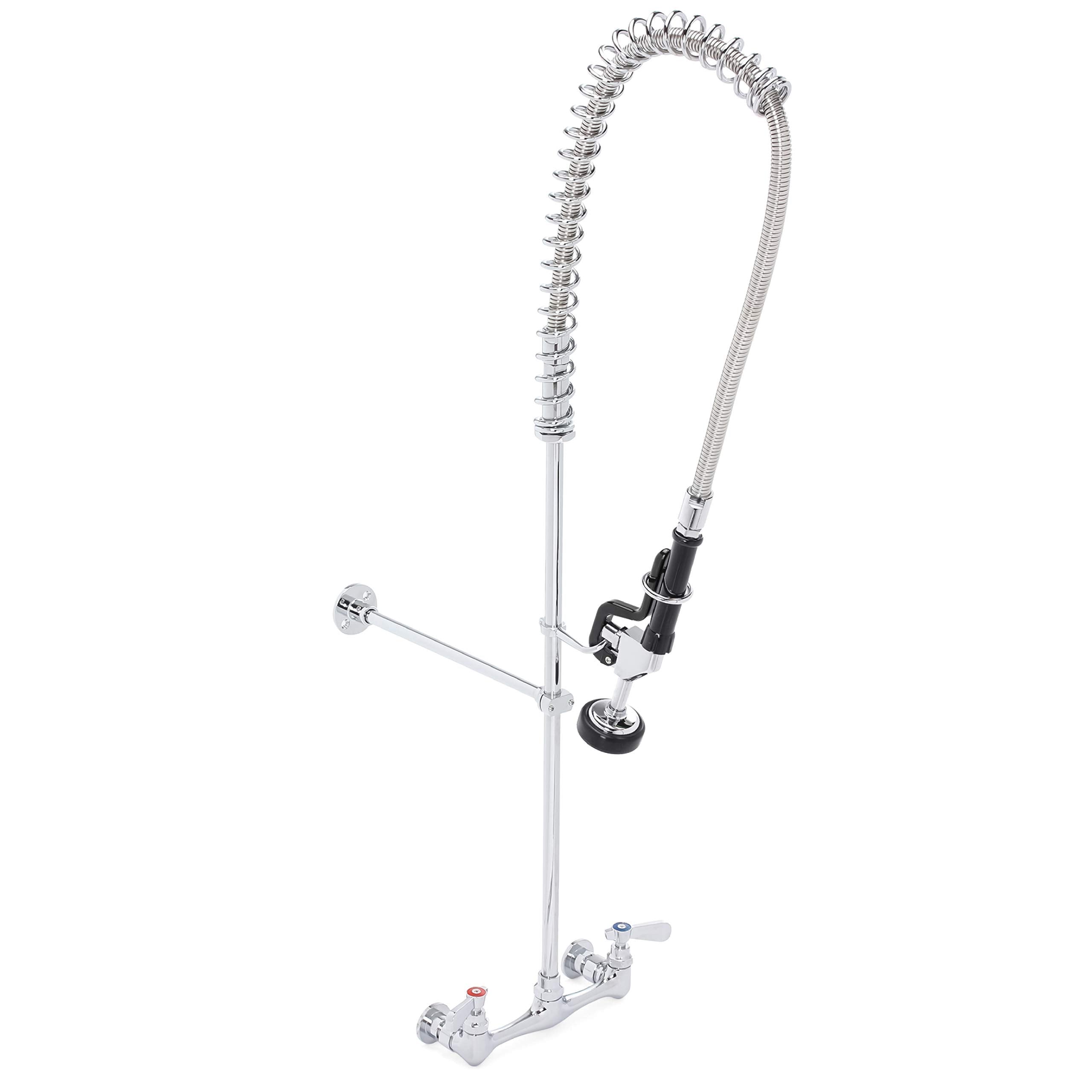 Durasteel Commercial Kitchen Wall Mount Pre-Rinse Faucet, 38" Height 8" Center With Coiled Spring Pull Down Sprayer, Brass Constructed Polished Chrome Body, 1 Set