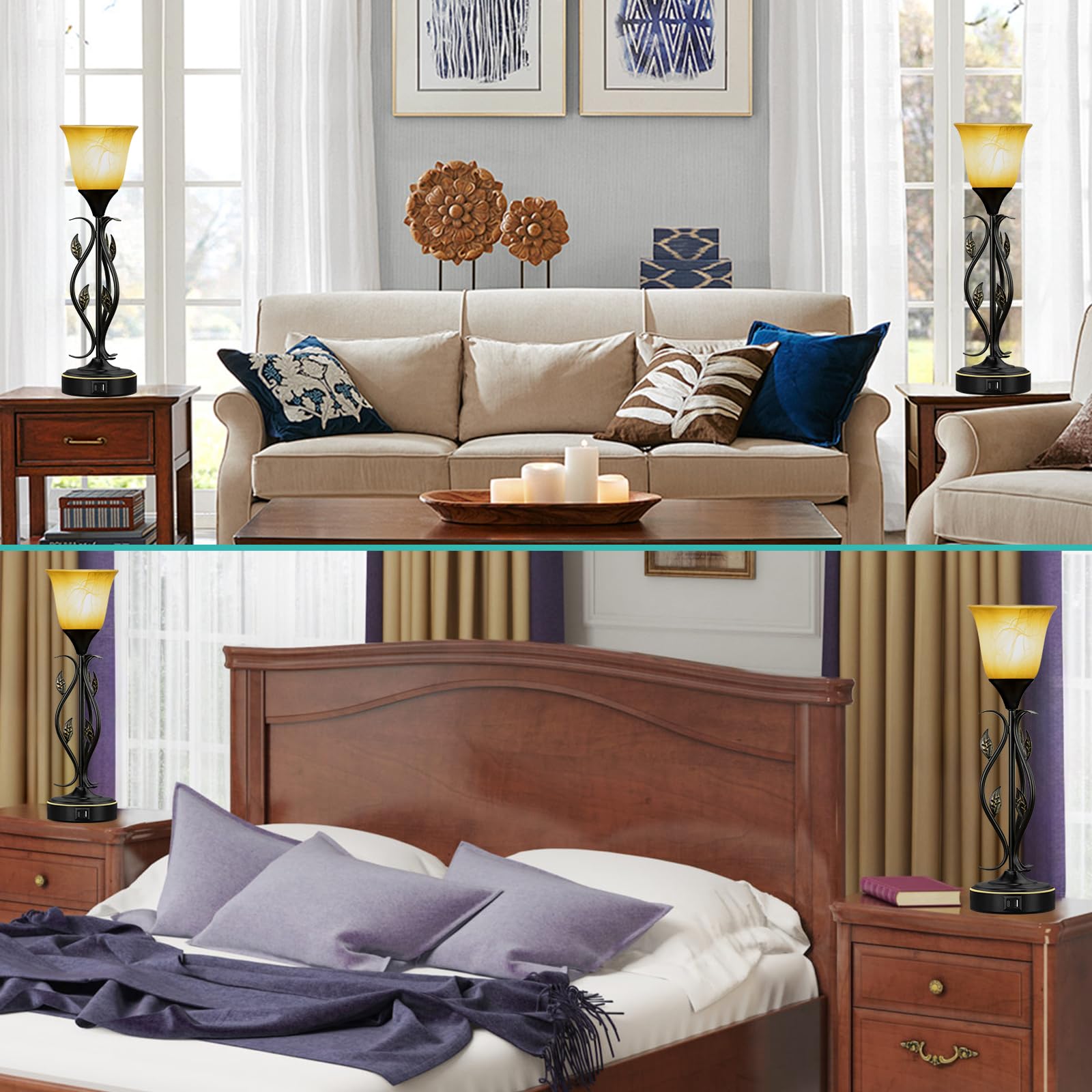 Basdien Amber Glow Touch Table Lamps Set Of 2 – 20” Dimmable Bedside Lamps With Usb A And C Ports, Elegant Vine And Leaf Design, Ideal For Bedroom, Living Room, Nightstand, And Reading