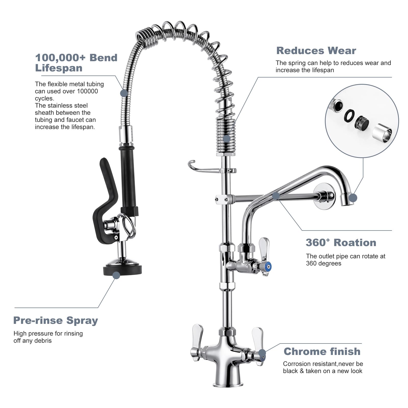 Iviga Single Hole 27" Height Commercial Kitchen Faucet Deck Mount With Pre-Rinse Sprayer, Commercial Sink Faucet With 10" Add-On Swing Spout & Spring Pull Down Sprayer For Restaurant Hotel