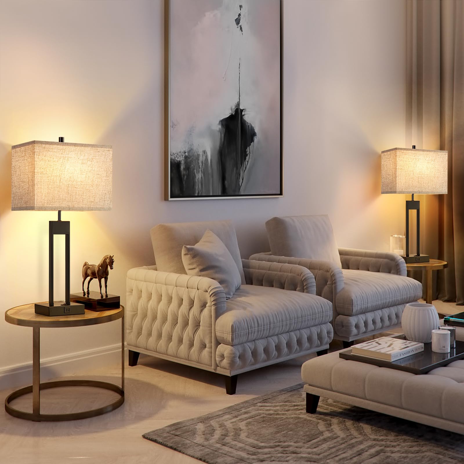 Gyrovu 25.5’’ Nightstand Table Lamps For Bedrooms Set Of 2, Bedside Lamp With Usb C+A, 3 Colors Changeable Living Room Lamps For End Tables, Modern Night Stand Lamps For Bed Side Guest Room Office Reading