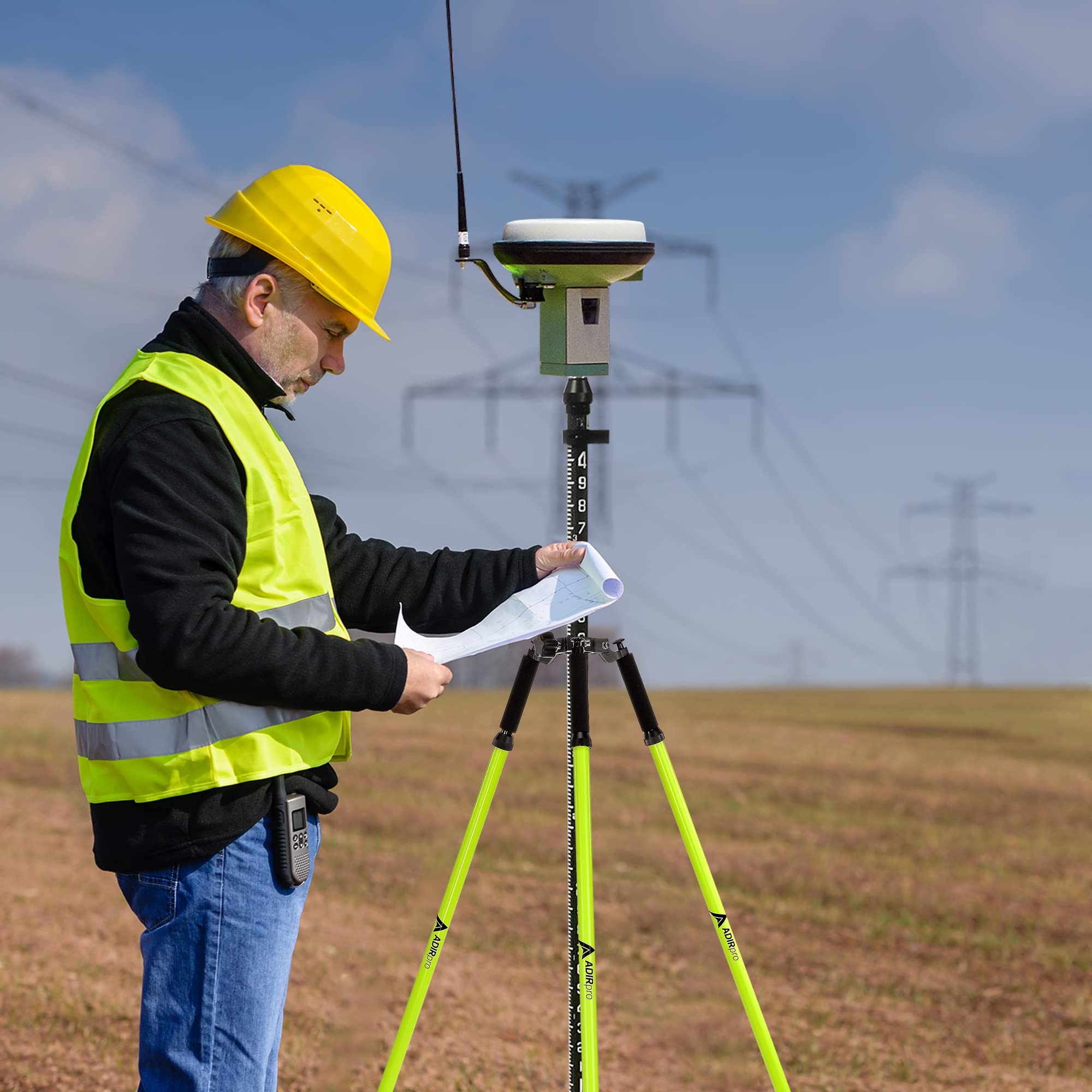 Adirpro Prism Pole Tripod – Aluminum Range Pole Tripod – Use For Survey Pole, Rover Rod, Gps Pole – Gnss Rtk Rod Stand - Survey Equipment For Total Station Surveying (Fluorescent Green)