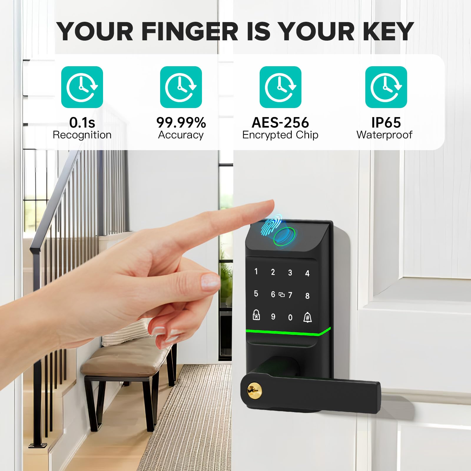 Mutak Keyless Entry Smart Door Lock With Doorbell, 6 In 1 Biometric Electric Digital Deadbolt Fingerprint Touchscreen Keypad App Ic Card With 2 Lever Handles For Front Doors Home Office Apartment