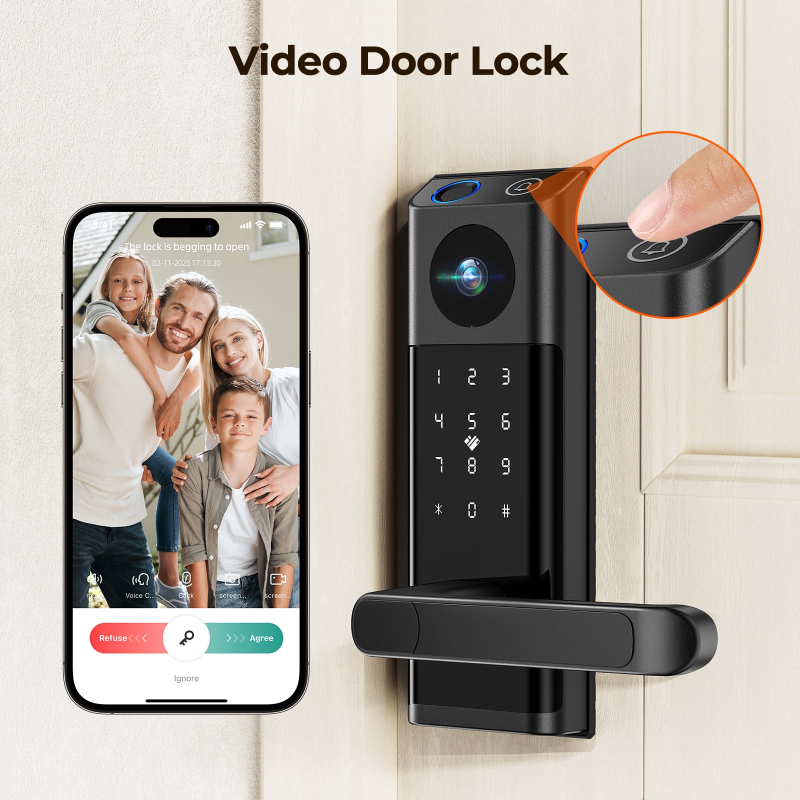 Camcamp Video Smart Lock With Camera & Doorbell, 5-In-1 Keyless Entry Door Lock With Handle, Fingerprint+Keypad Code+App Remote Control+Ic Card, Auto Lock, Wi-Fi Smart Deadbolt For Front Door, Apartment