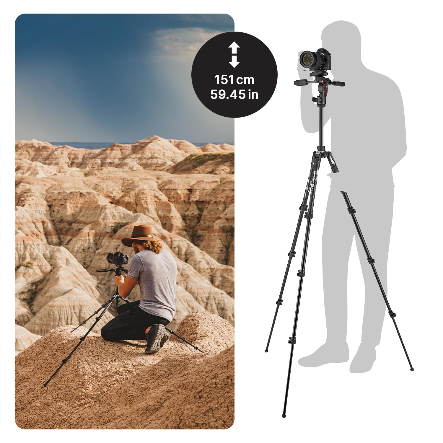 Manfrotto Be Advanced 3-Way Tripod Kit, Tripod And Fluid Head In Aluminium For Cameras And Camcorders Up To 6 Kg, Ultra-Compact, Photo Accessories For Dslr, Csc, Mirrorless, Photo And Video