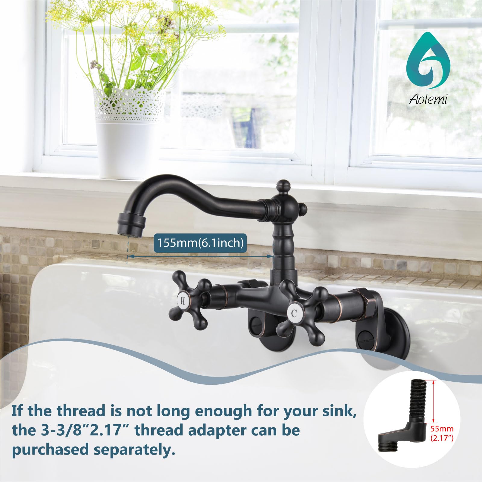 Aolemi Oil Rubbed Bronze Wall Mount Kitchen Faucet, 6 Inch Spout, Adjustable Center 3 To 9 Inch, 2 Hole Two Cross Handle Mixer Tap