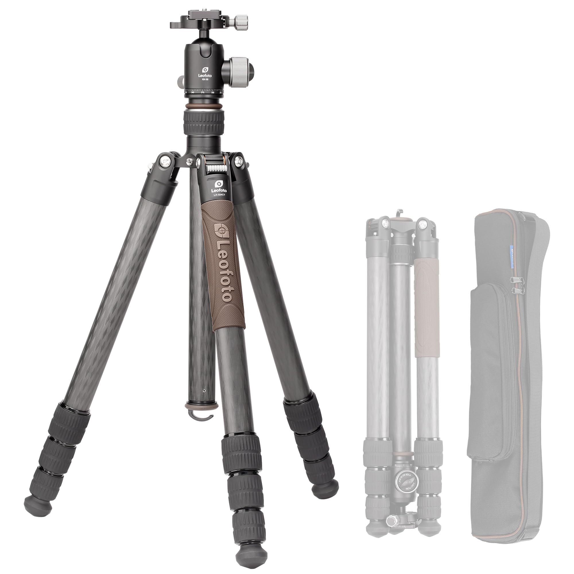 Leofoto Portable Reversible Travel Tripod, Carbon Fiber Camera Tripod With Ball Head, With 360° Detachable Center Column, Folded Length 485Mm, Max Load 15Kg (Lx-324Ct+Xb-38)