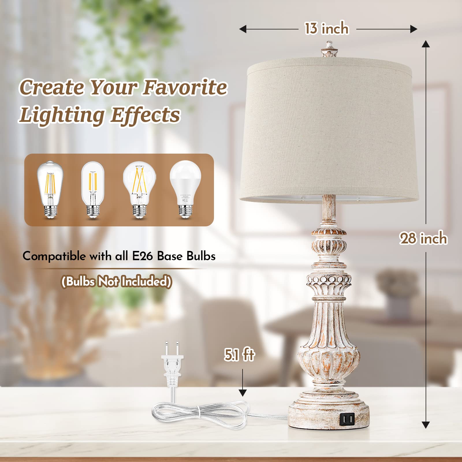 Bosceos Tall Table Lamps Set Of 2, 28” Vintage Table Lamps With Dual Usb Ports, Resin Bedside Lamps With Rotary Switch, Nightstand Lamps With E26 Base, Desk Lamp With Fabric Shade For Living Room Bedroom