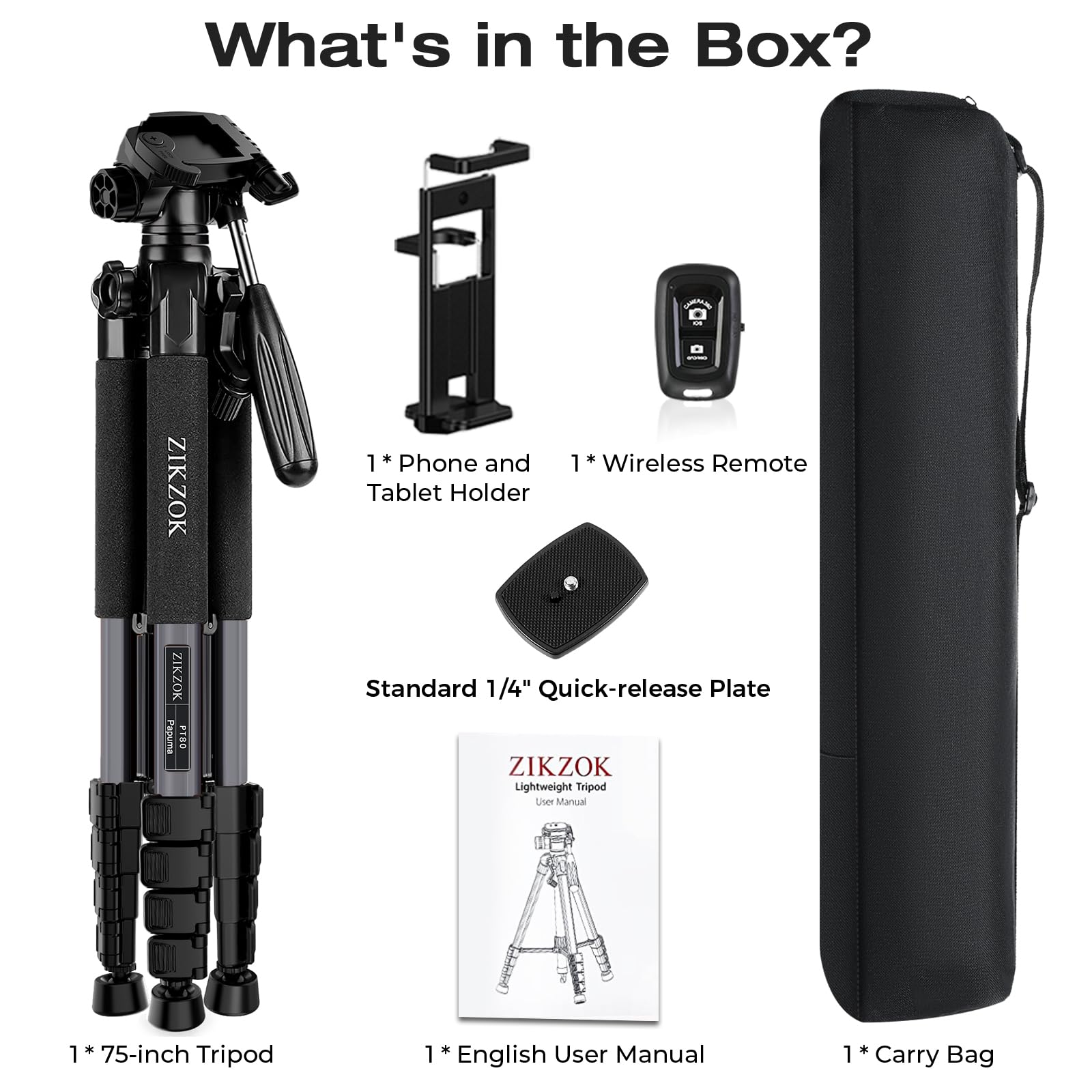 Zikzok 75" Camera Tripod, Heavy Duty Aluminum Camera Stand For Ipad Phone, Travel Tripod With Remote/Carry Bag/Phone Tablet Holder, Compatible With Dslr, Spotting Scopes, Max Load 15 Lb(Grey)