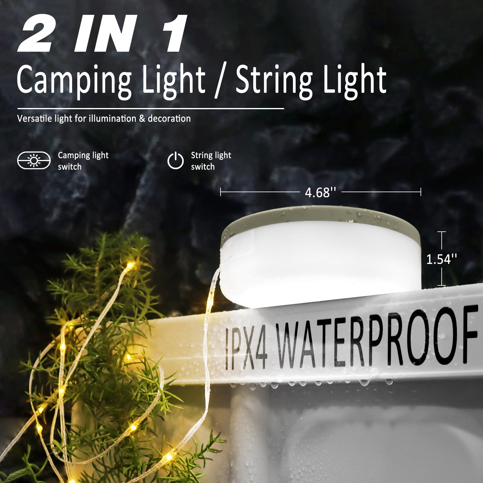 Dibms 1-Pack Camping String Light W/Lamp, 32.8Ft Rechargeable Waterproof Led Hanging Light For Outdoor Camping Awning Tent Garden Party Festival Decor