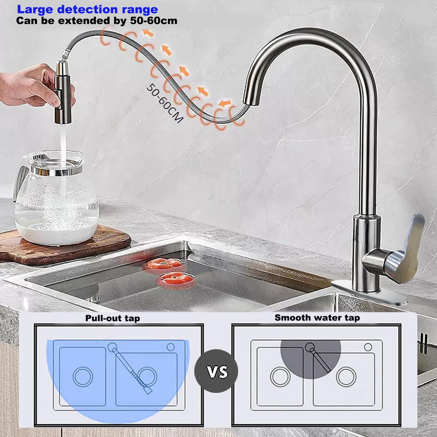Xwihtr Retractable Pull Out Kitchen Faucet, 360° Swivel,3 Functions,High Pressure,Silent,Water Saving Ceramic Core Stainless Steel Kitchen Sink Faucet(Brushed)