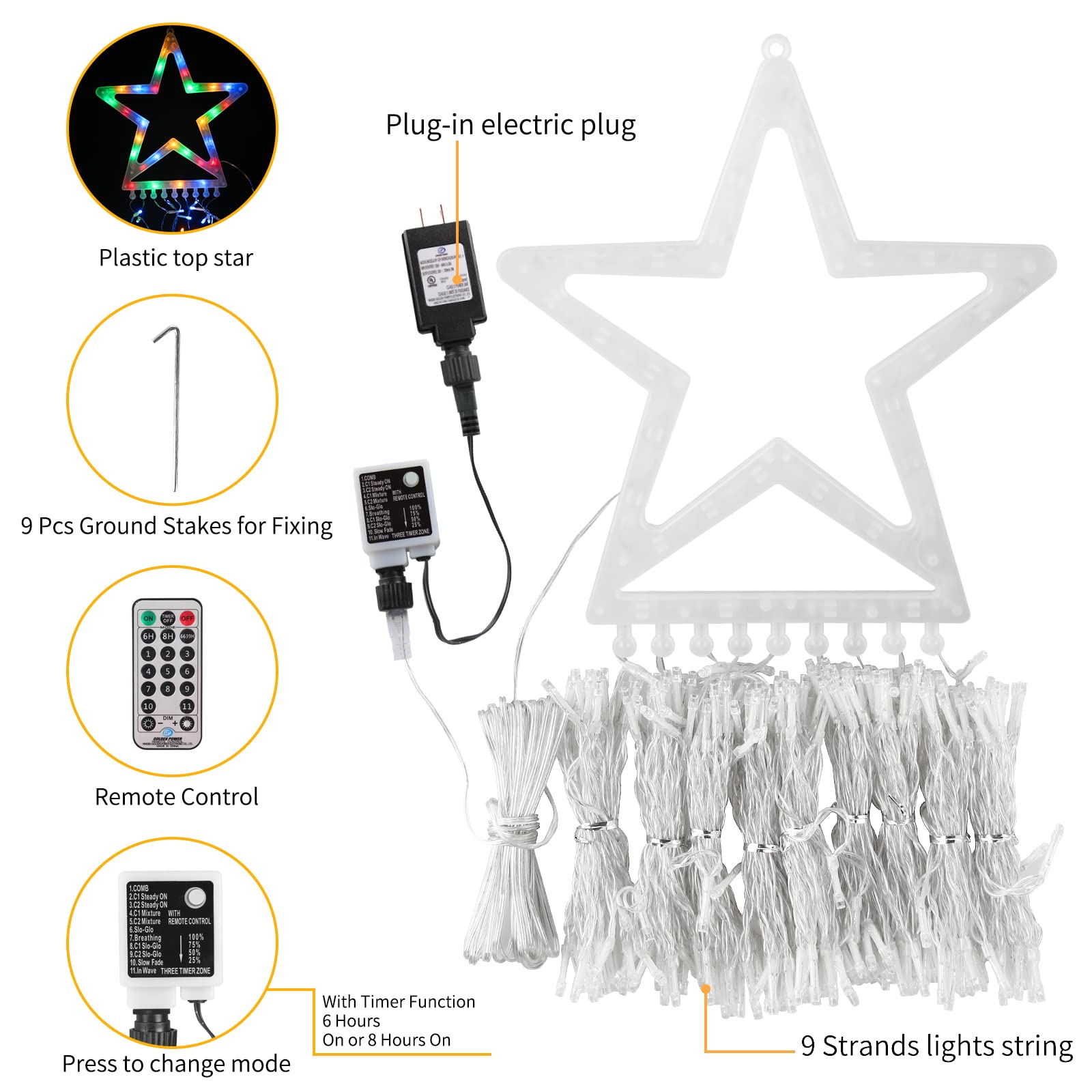 Ztx Christmas Decorations Outdoor Star Lights,11Ft Christmas Tree Toppers Lihgts With Remote,11 Lighting Modes Waterfall Christmas String Lights For Christmas,Halloween,Wedding,Party (Color Change)
