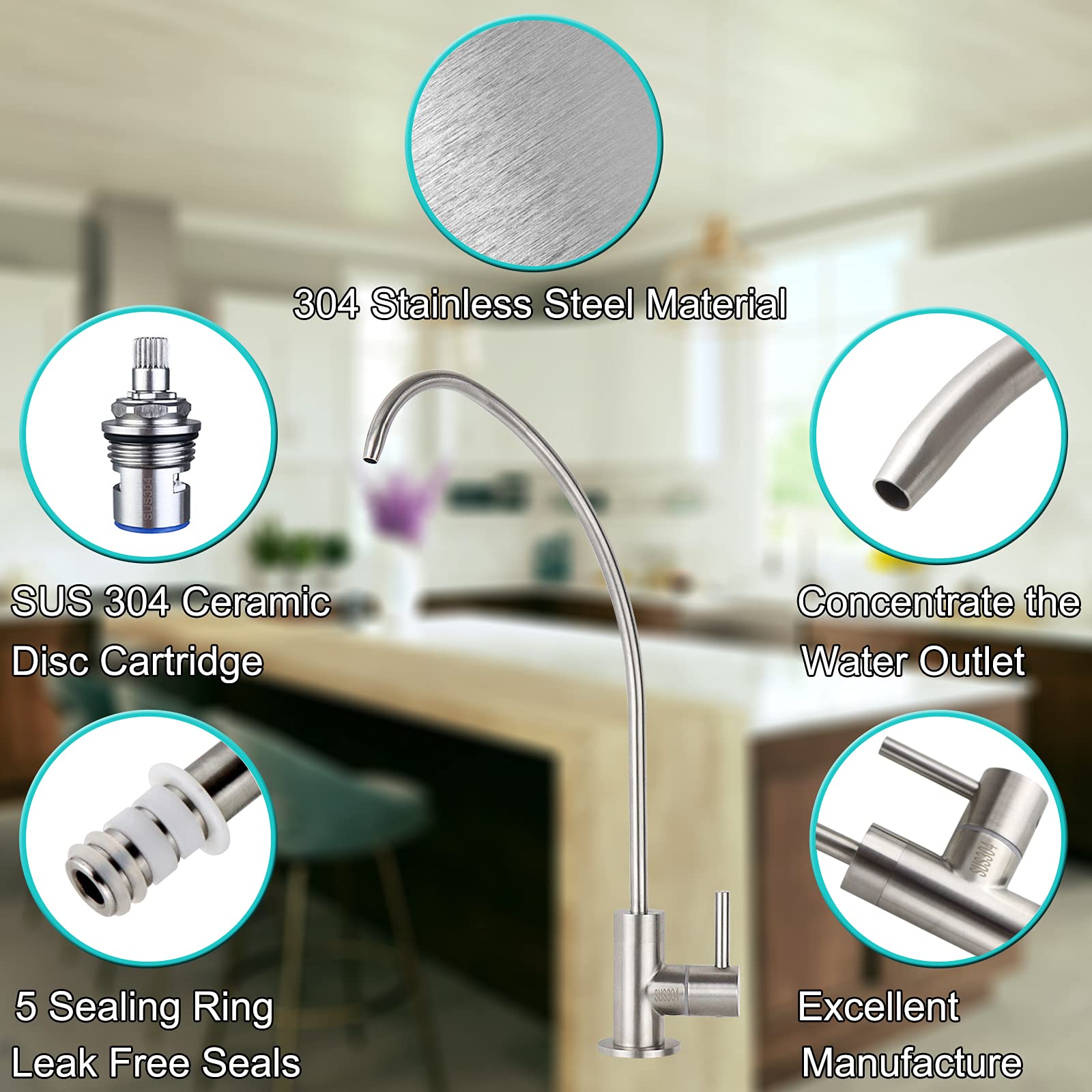 Yoogyy Ro Drinking Water Sus304 Stainless Steel Faucet For Ro Reverse Osmosis & Filter With Brushed Nickel Finish (High Arc)