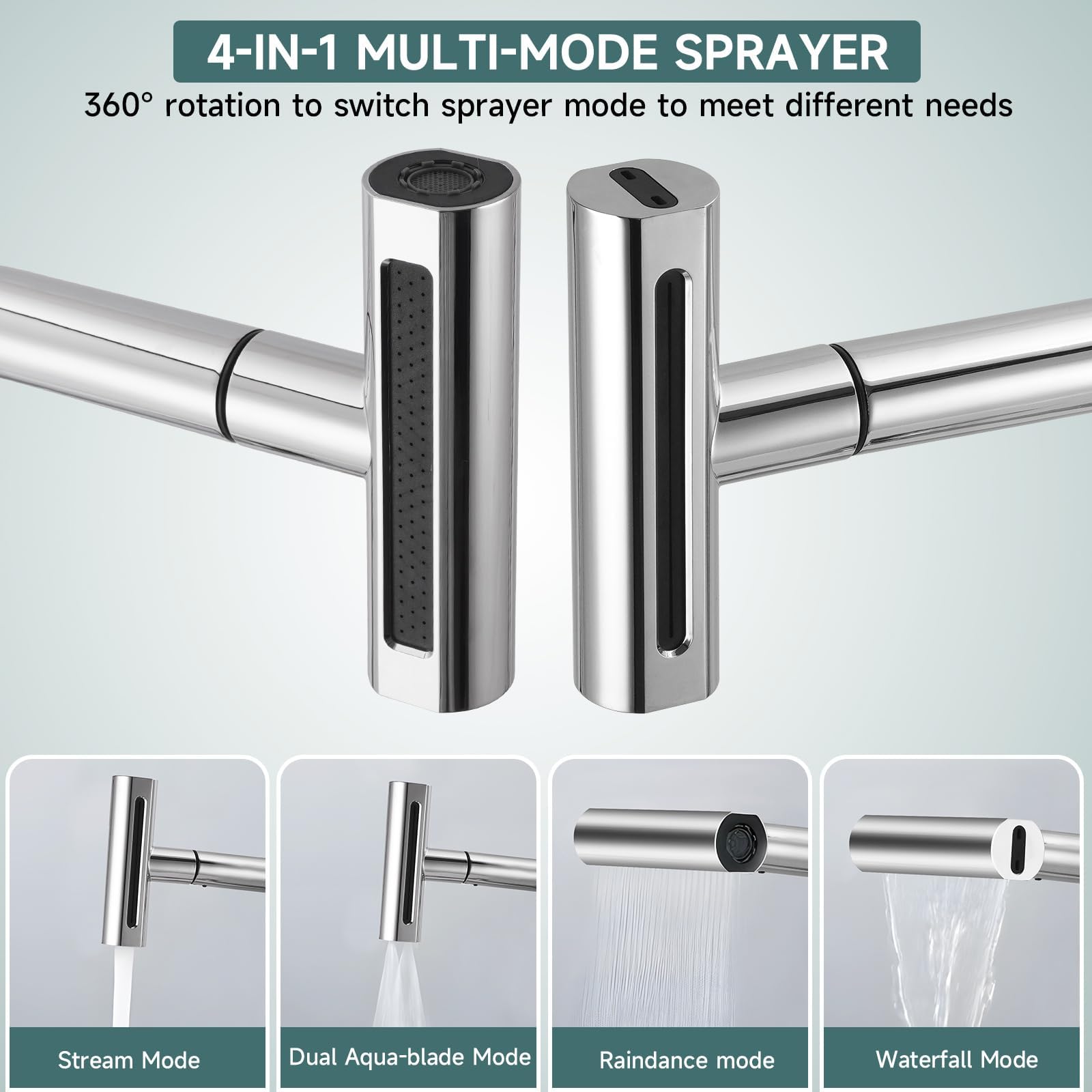 Fefue Waterfall Kitchen Faucet With Pull-Out Sprayer With 4 Modes Sprayer, Stainless Steel 360° Swivel Kitchen Sink Faucet, High Arc Single Hole Sink Faucet (Silvery)