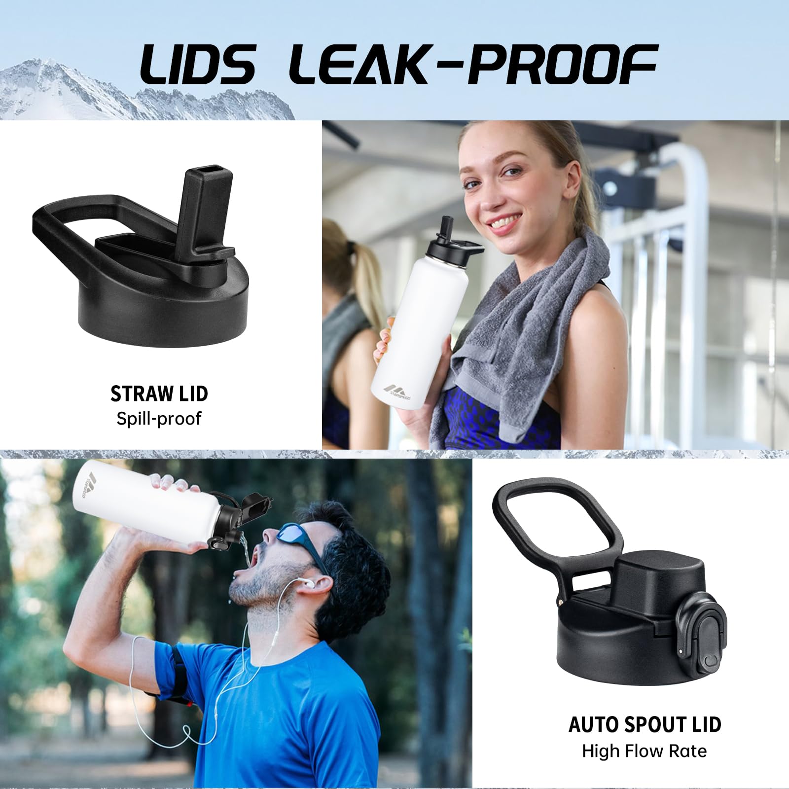 Starspeed 40Oz Insulated Water Bottle With Straws & 2 Lids, Stainless Steel Double Walled Vacuum