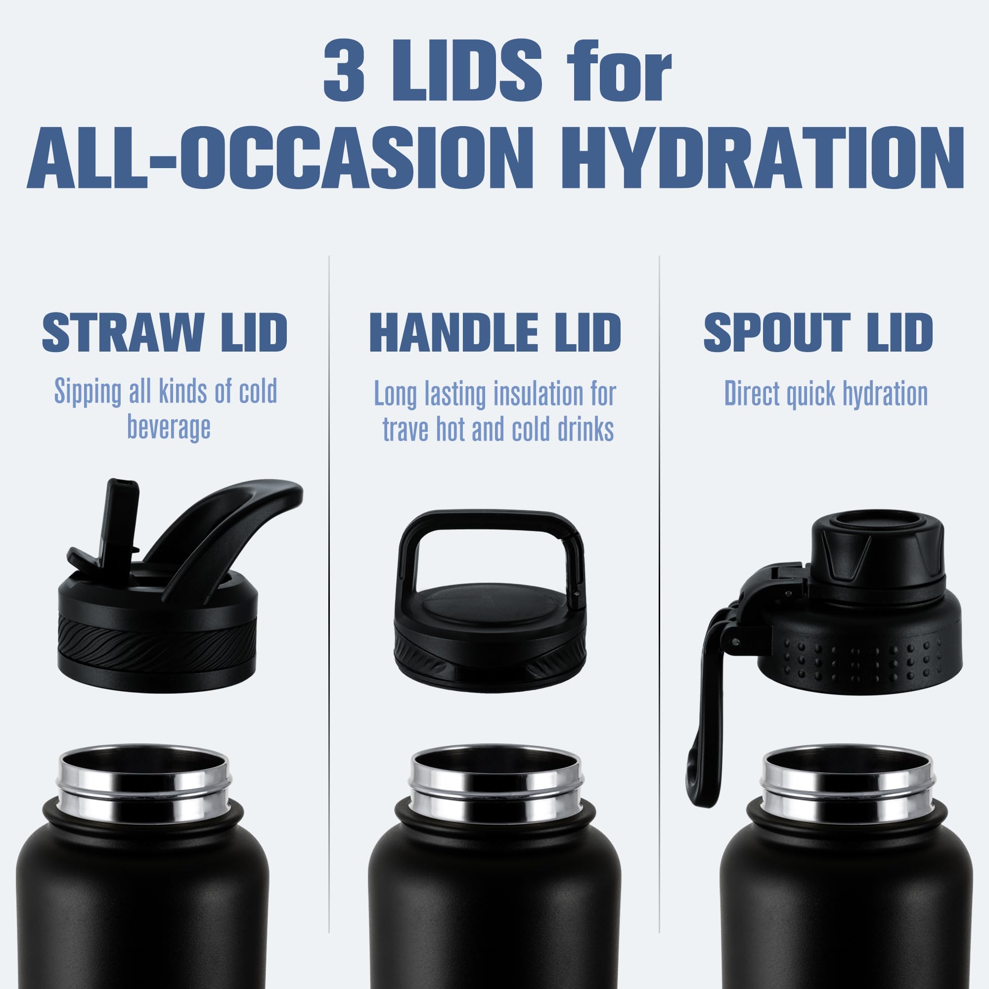 Oldley 32 Oz Insulated Water Bottle With Straw, Stainless Steel Sports Water Cup Flask With 3 Lids