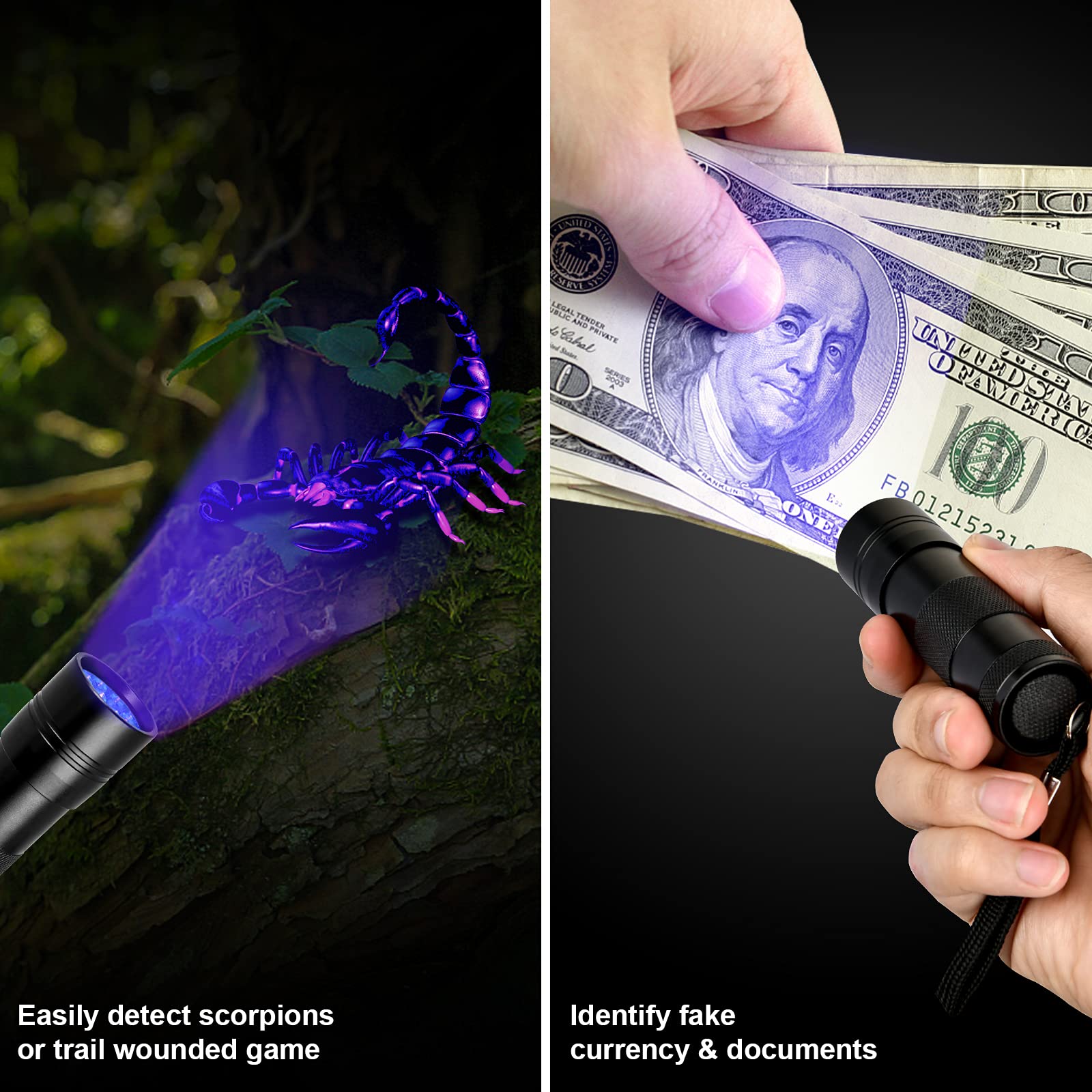 Simple Deluxe Uv Flashlight Black Light 395Nm Hand-Held Detecting Torch For Pet Urine, Stains, Verifying Money Documents, Batteries Not Included, Black